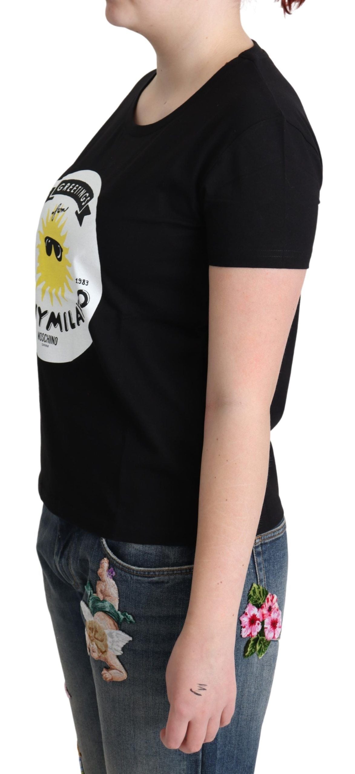 Moschino Black Cotton Sunny Milano Print T-shirt | Regal Royce