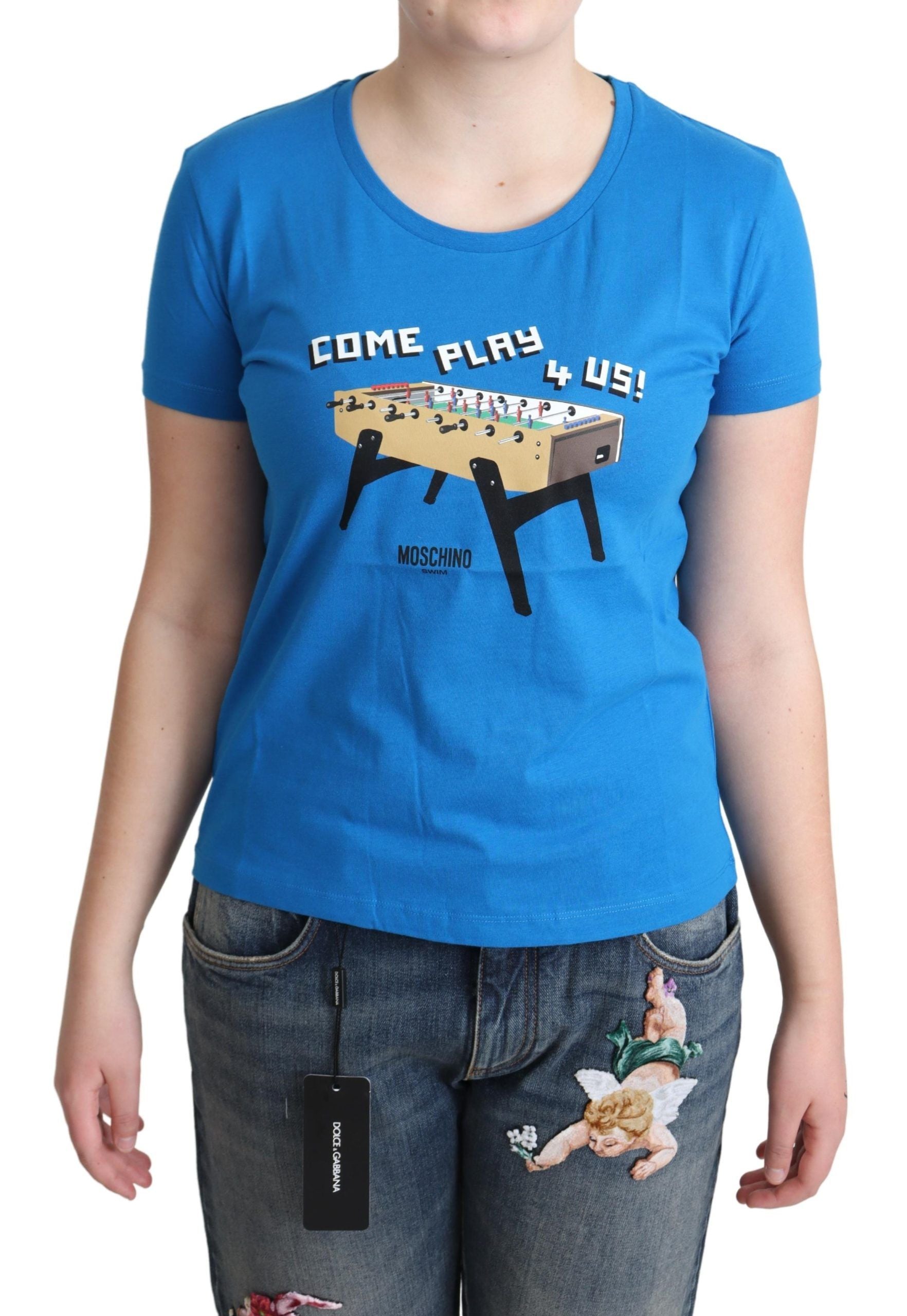 Moschino Blue Cotton Come Play 4 Us Print T-shirt | Regal Royce