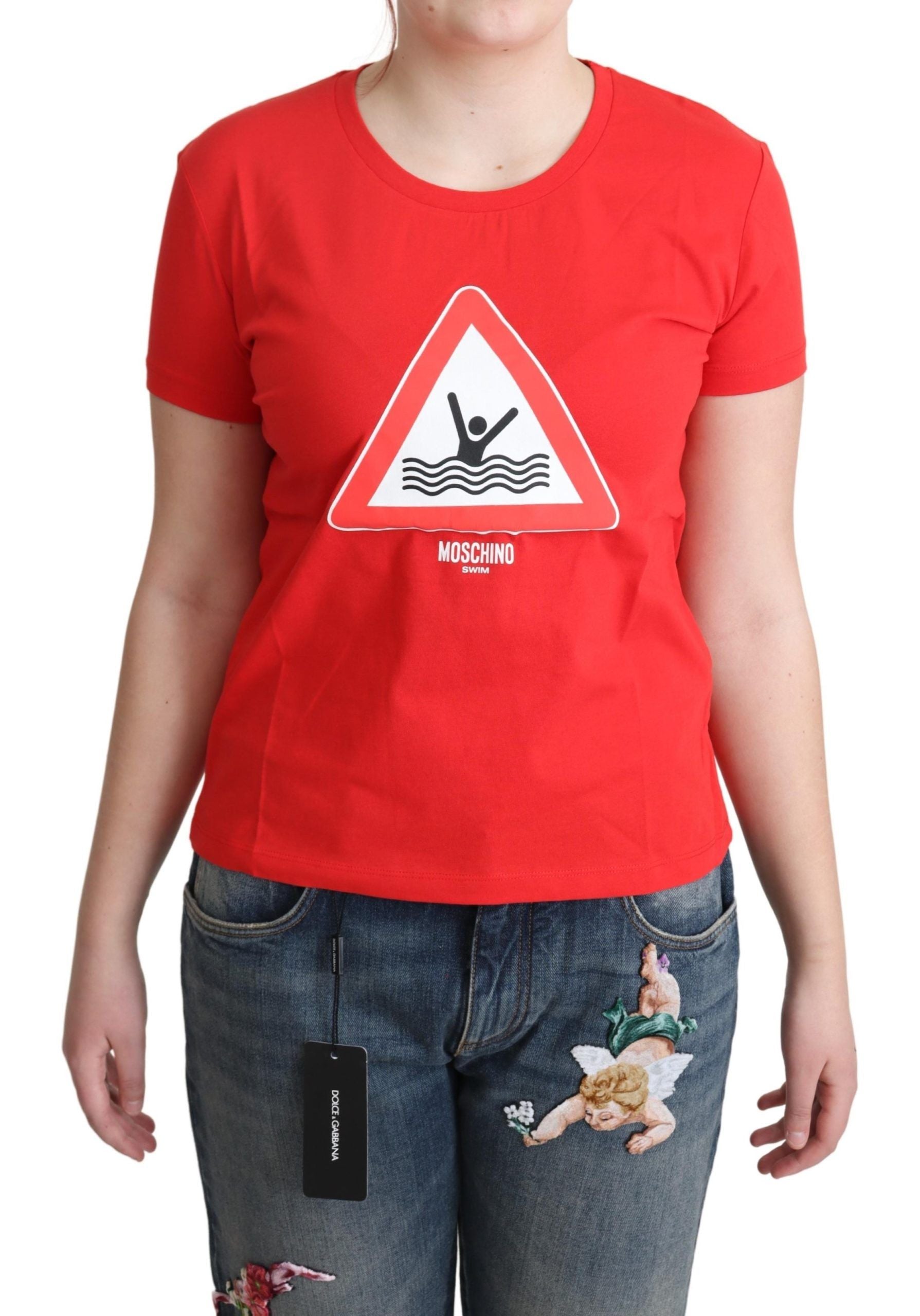 Moschino Red Cotton Swim Graphic Triangle Print  T-shirt | Regal Royce
