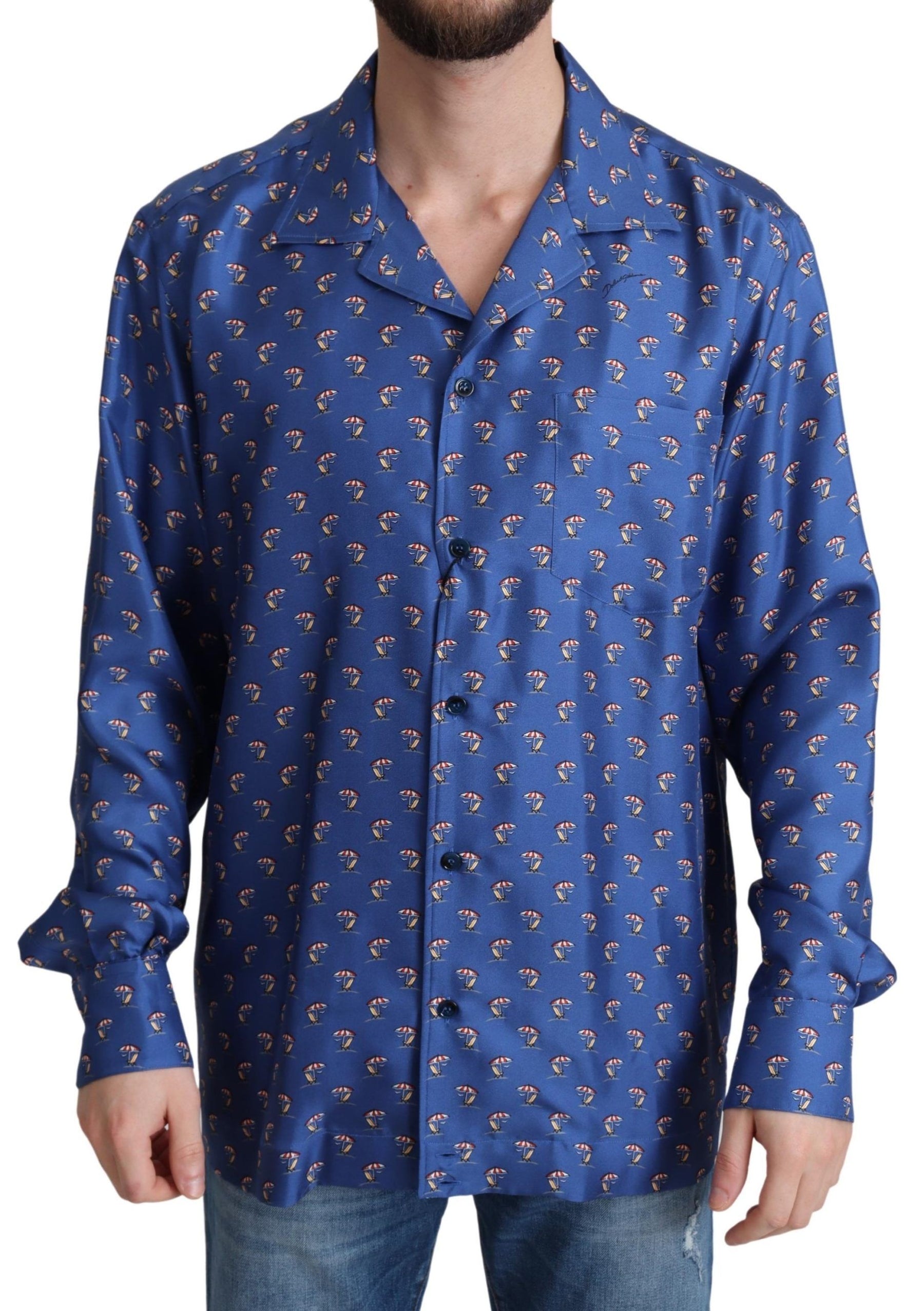 Dolce & Gabbana Blue Beach Chair Umbrella Print Silk Shirt | Regal Royce