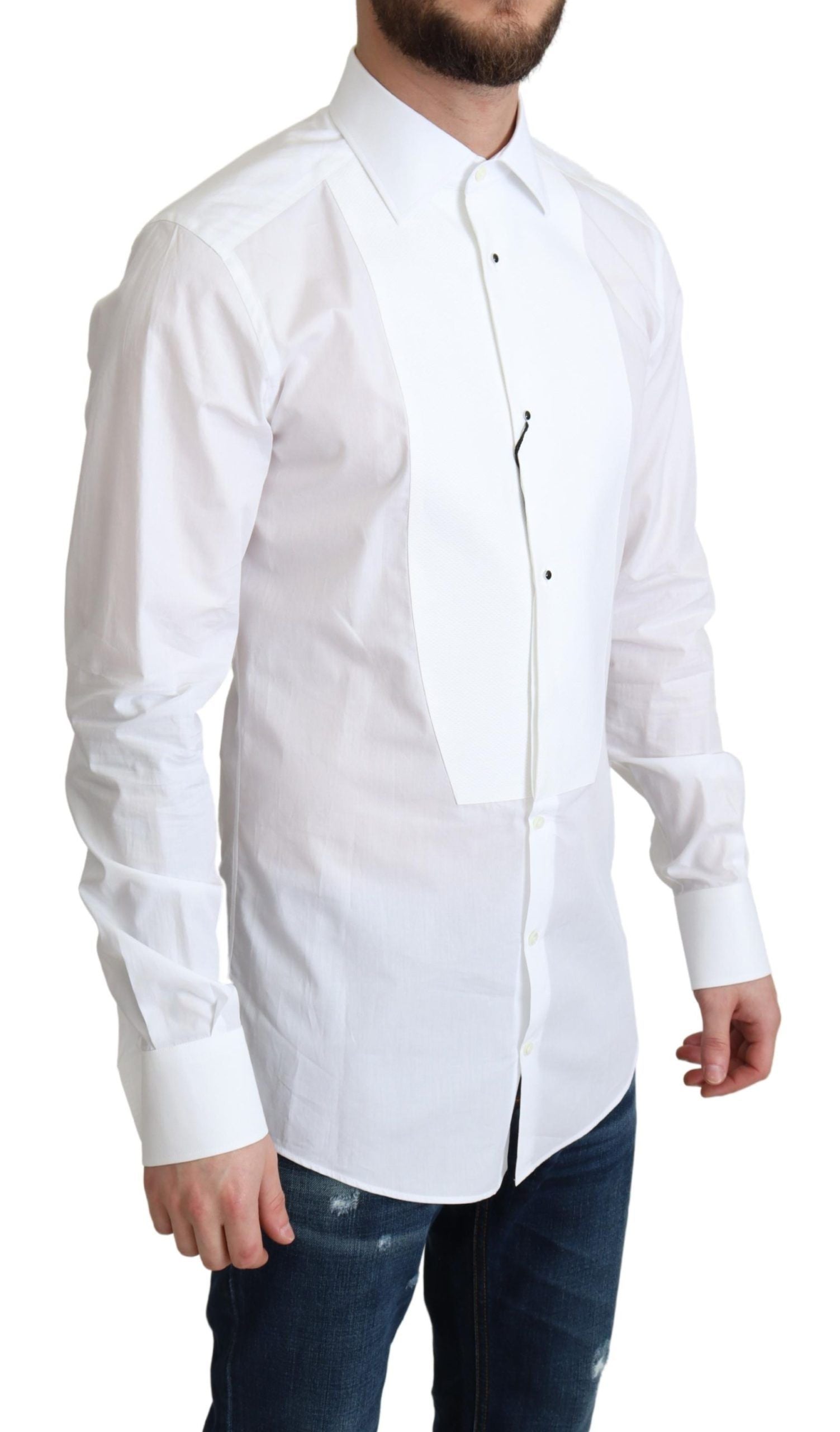 Dolce & Gabbana White Bib Cotton Poplin Men Formal Shirt | Regal Royce