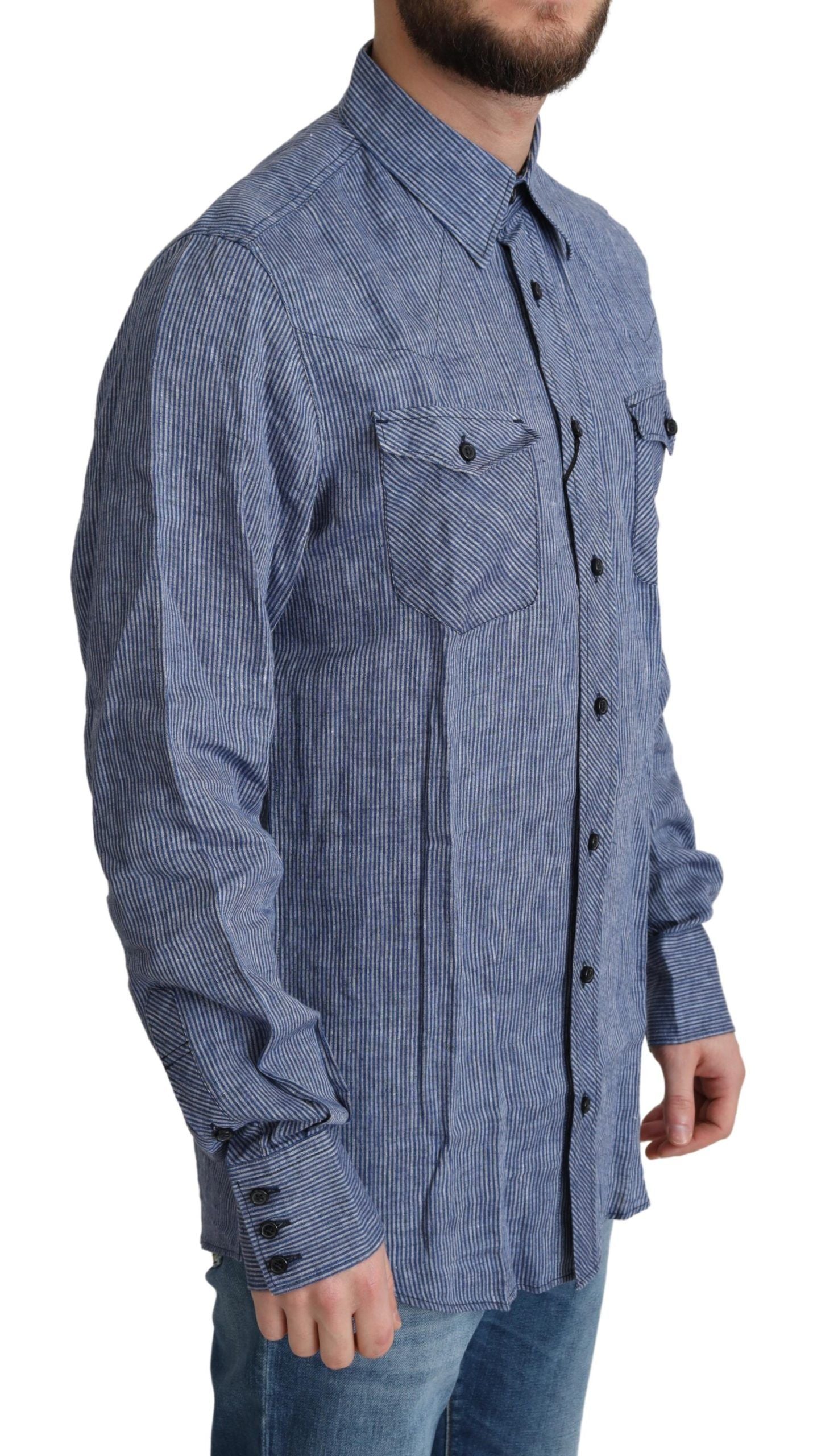 Dolce & Gabbana Blue Stripes Men Casual Button Down Shirt | Regal Royce