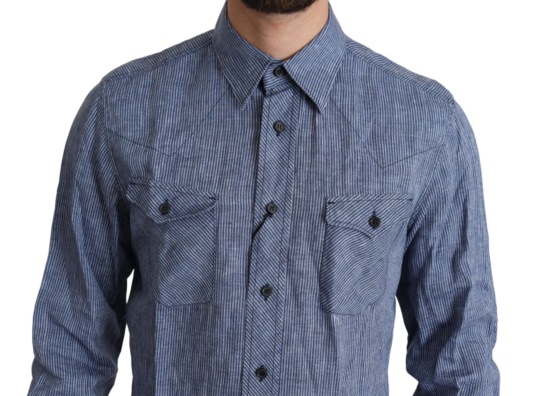 Dolce & Gabbana Blue Stripes Men Casual Button Down Shirt | Regal Royce