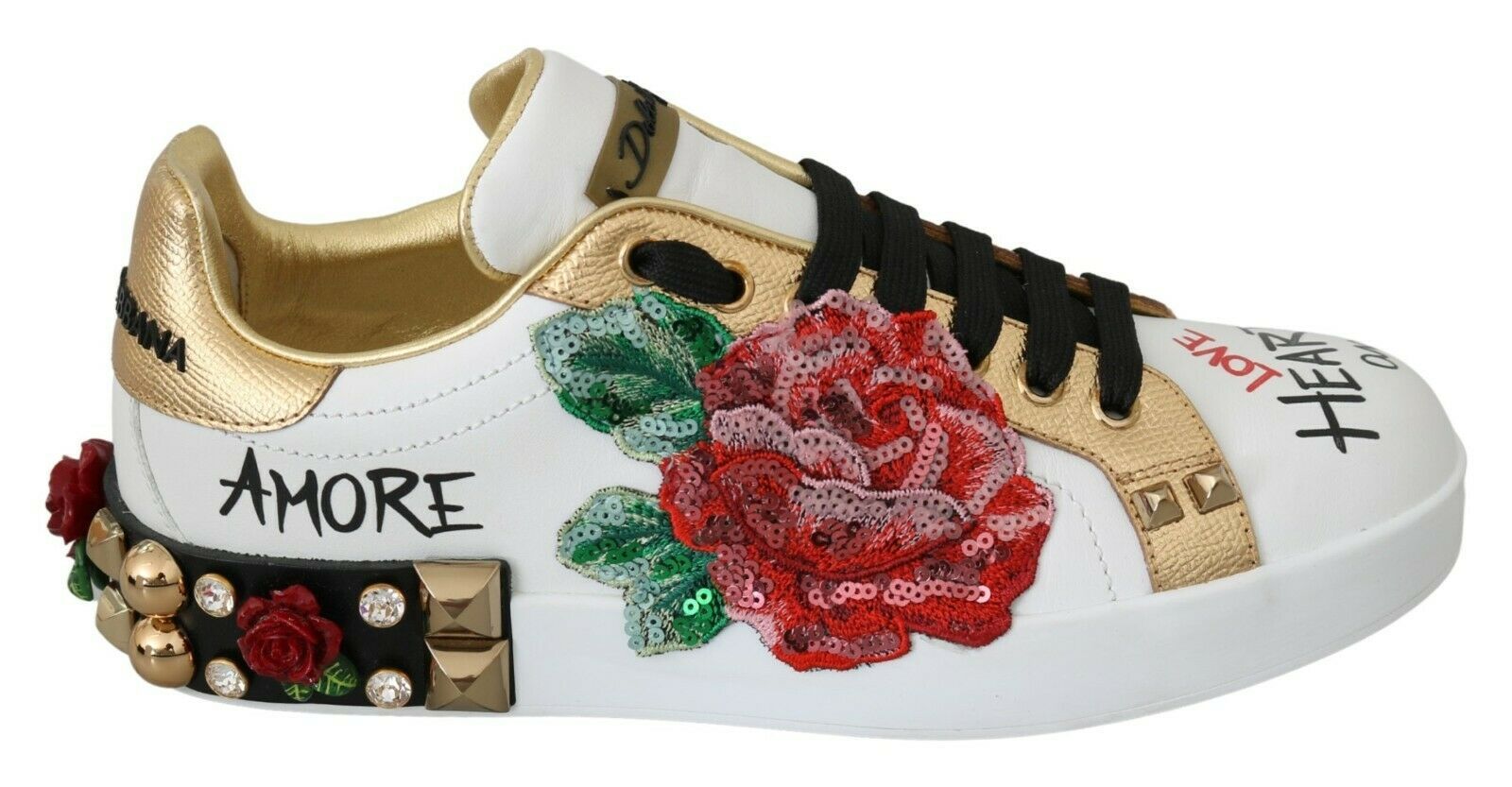 Dolce & Gabbana White Roses Sequined Crystal Womens Sneakers Shoes | Regal Royce