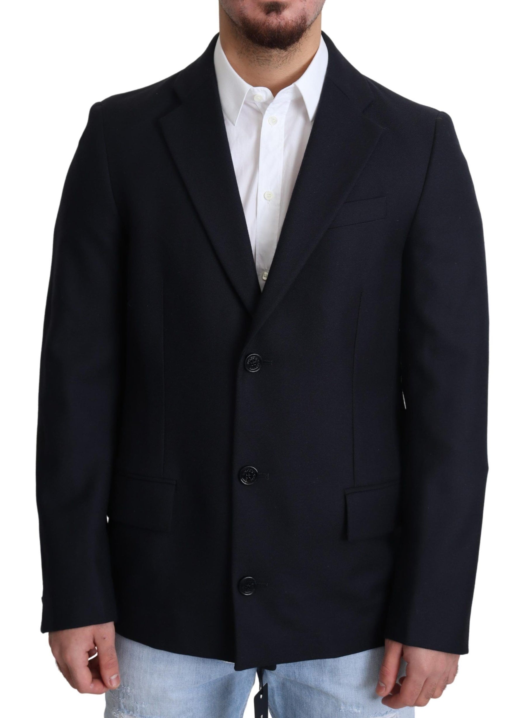 Dolce & Gabbana Dark Blue Wool Single Breasted Coat Jacket | Regal Royce
