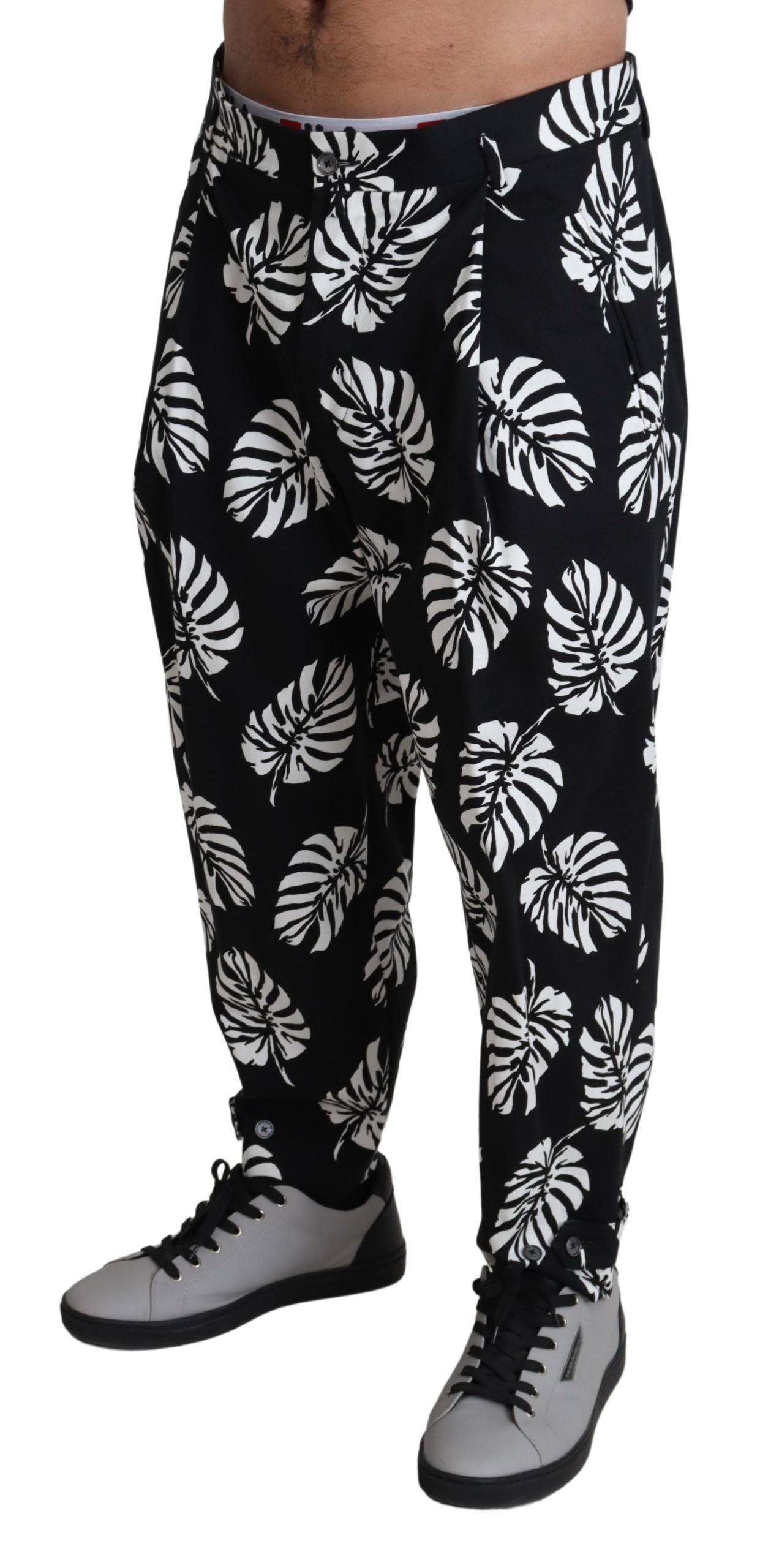 Dolce & Gabbana Black Leaf Cotton Stretch Trouser Pants Pants | Regal Royce