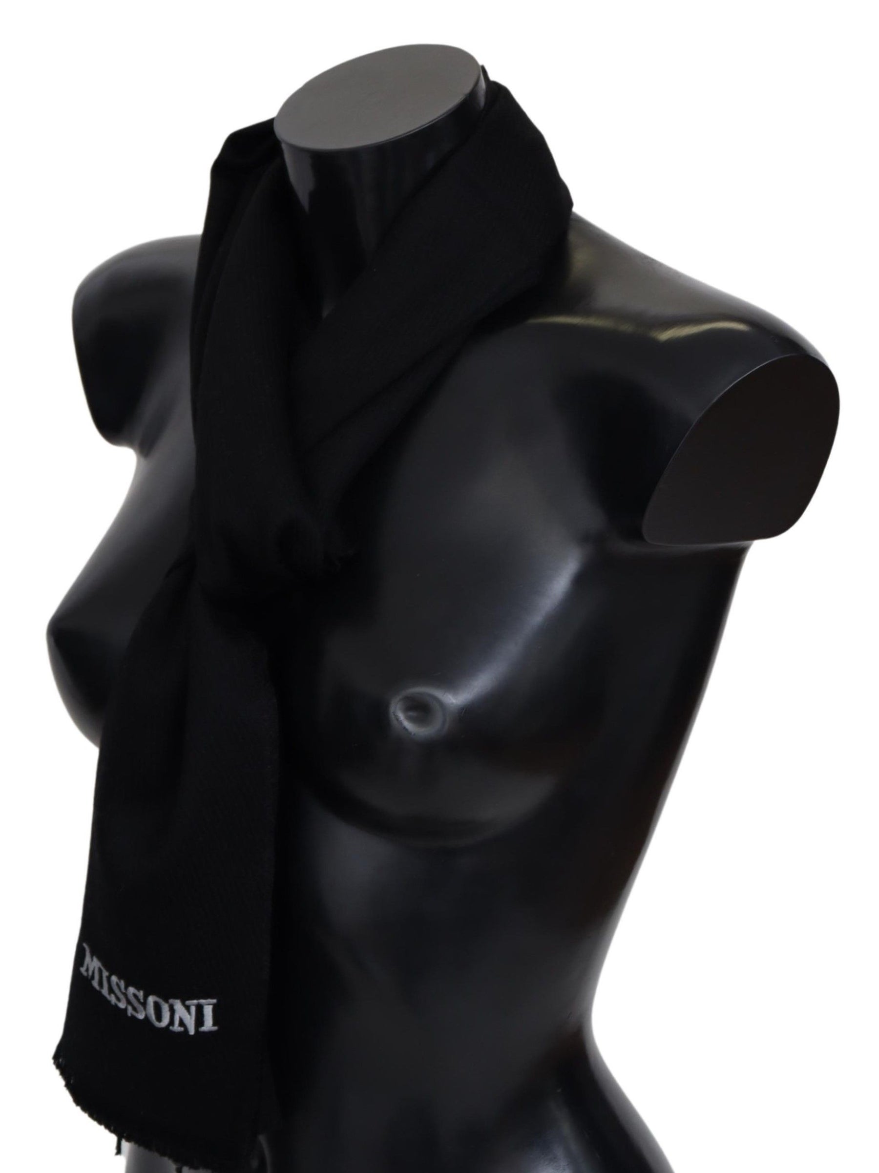 Missoni Black 100% Wool Unisex Neck Wrap Fringes Logo Scarf | Regal Royce