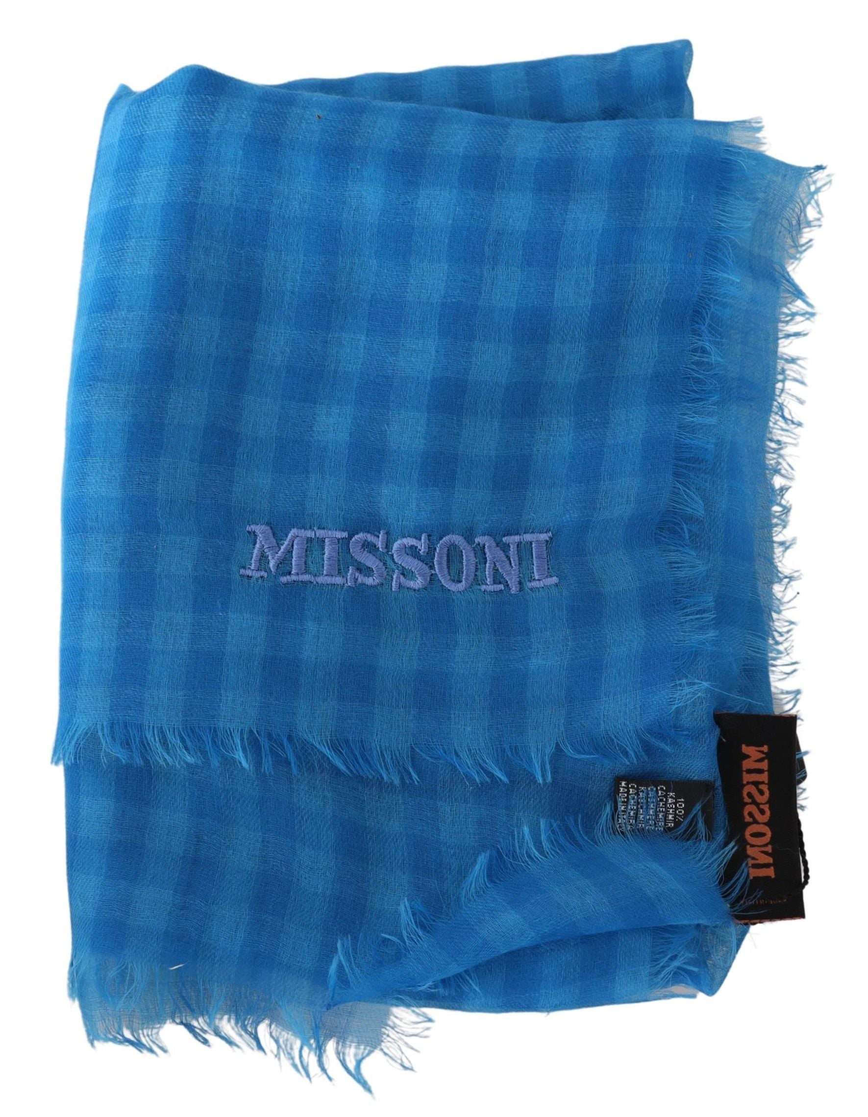 Missoni Blue Checkered Cashmere Unisex Wrap Fringes Scarf | Regal Royce