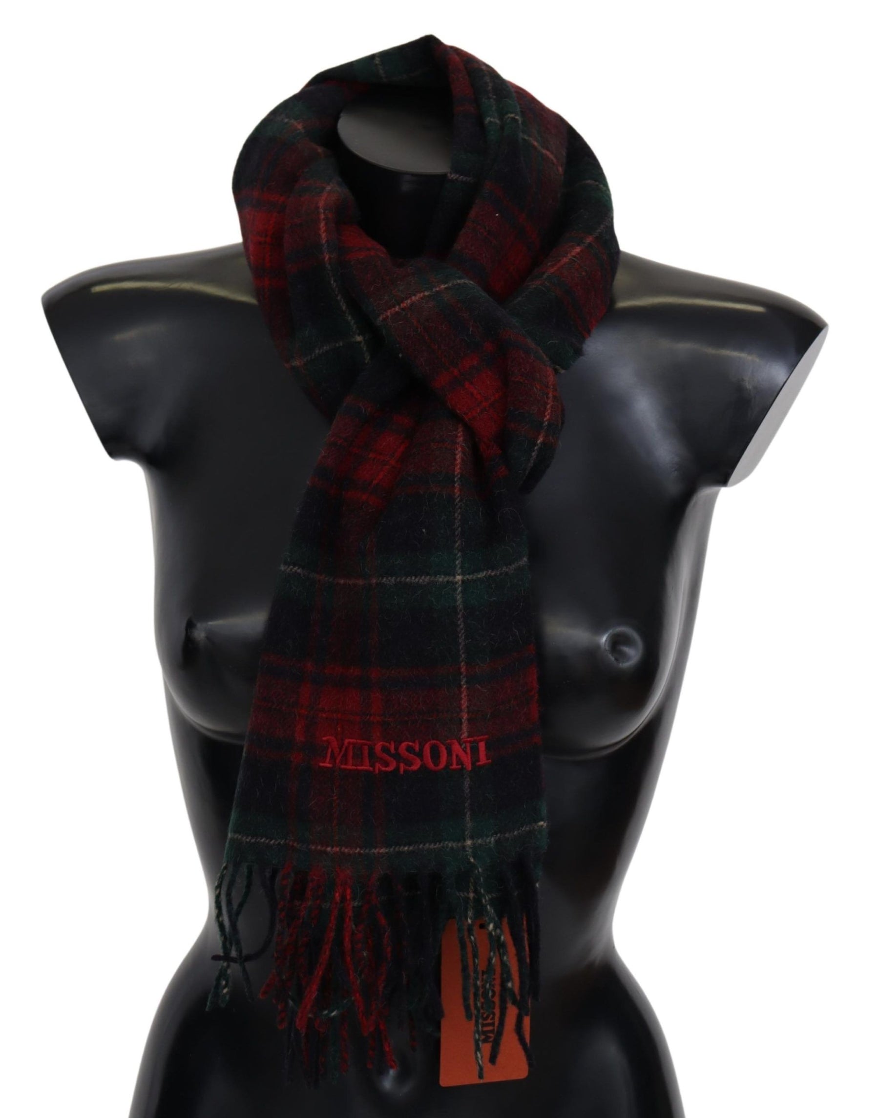 Missoni Black Red Check Wool Unisex Neck Wrap Fringes Scarf | Regal Royce