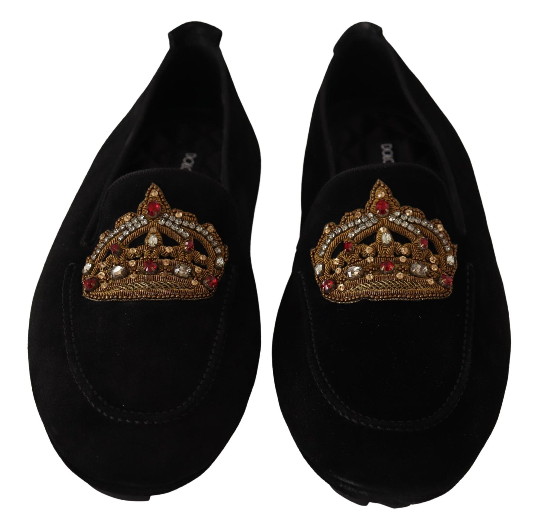Dolce & Gabbana Black Leather Crystal Gold Crown Loafers Shoes | Regal Royce