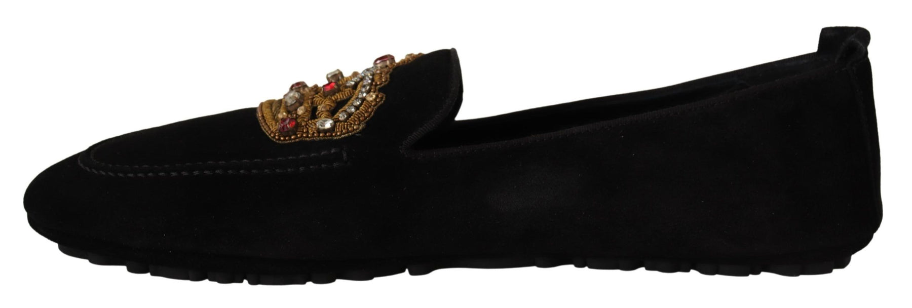 Dolce & Gabbana Black Leather Crystal Gold Crown Loafers Shoes | Regal Royce