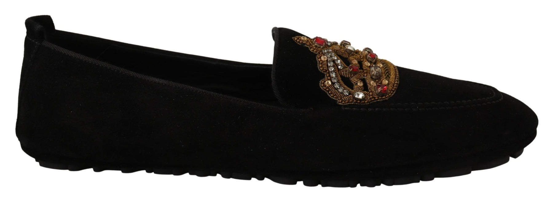Dolce & Gabbana Black Leather Crystal Gold Crown Loafers Shoes | Regal Royce