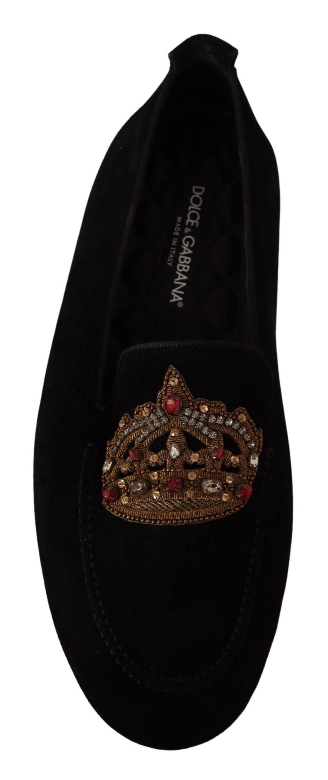 Dolce & Gabbana Black Leather Crystal Gold Crown Loafers Shoes | Regal Royce