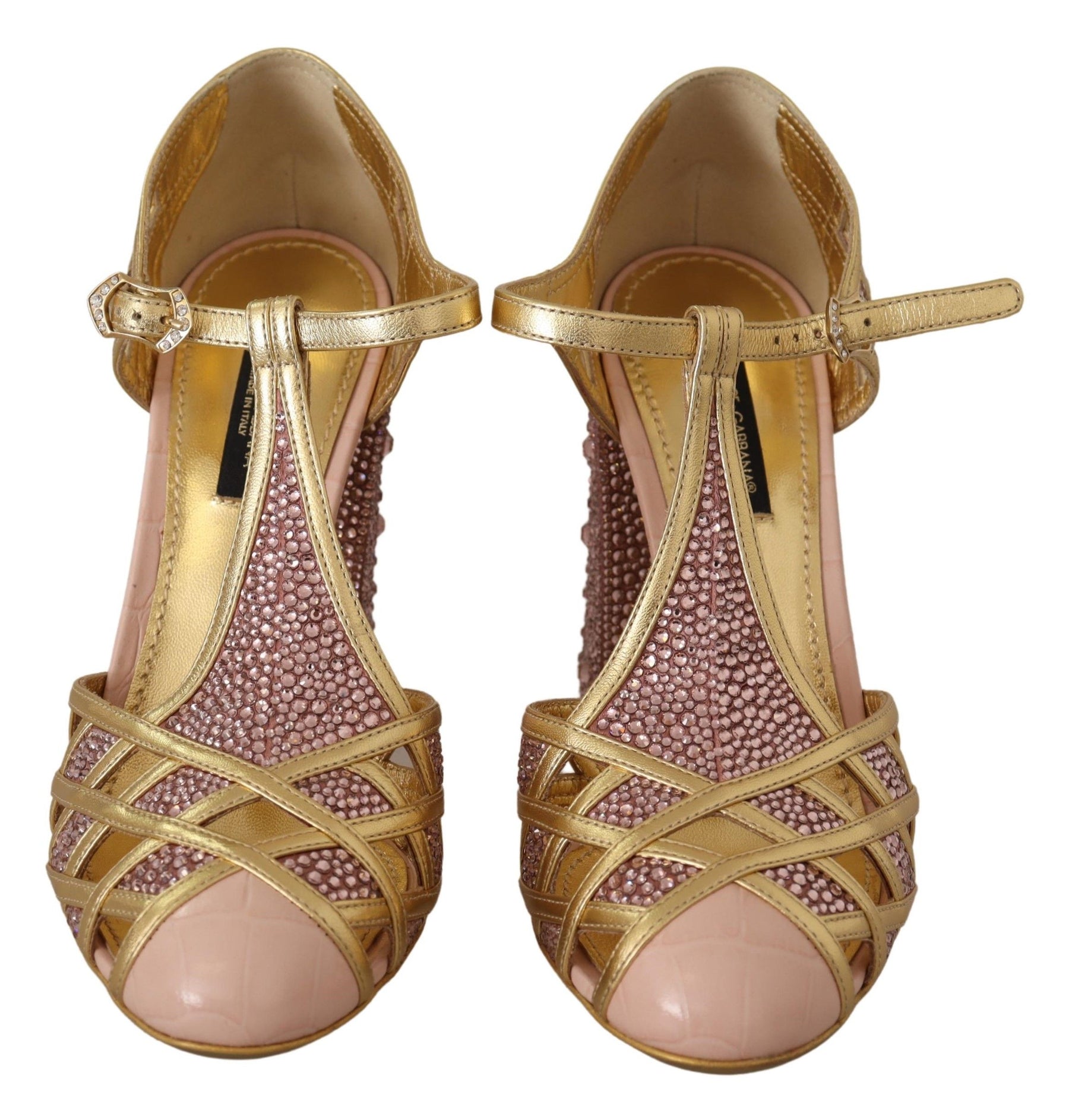 Dolce & Gabbana Pink Gold Leather Crystal Pumps T-strap Shoes | Regal Royce
