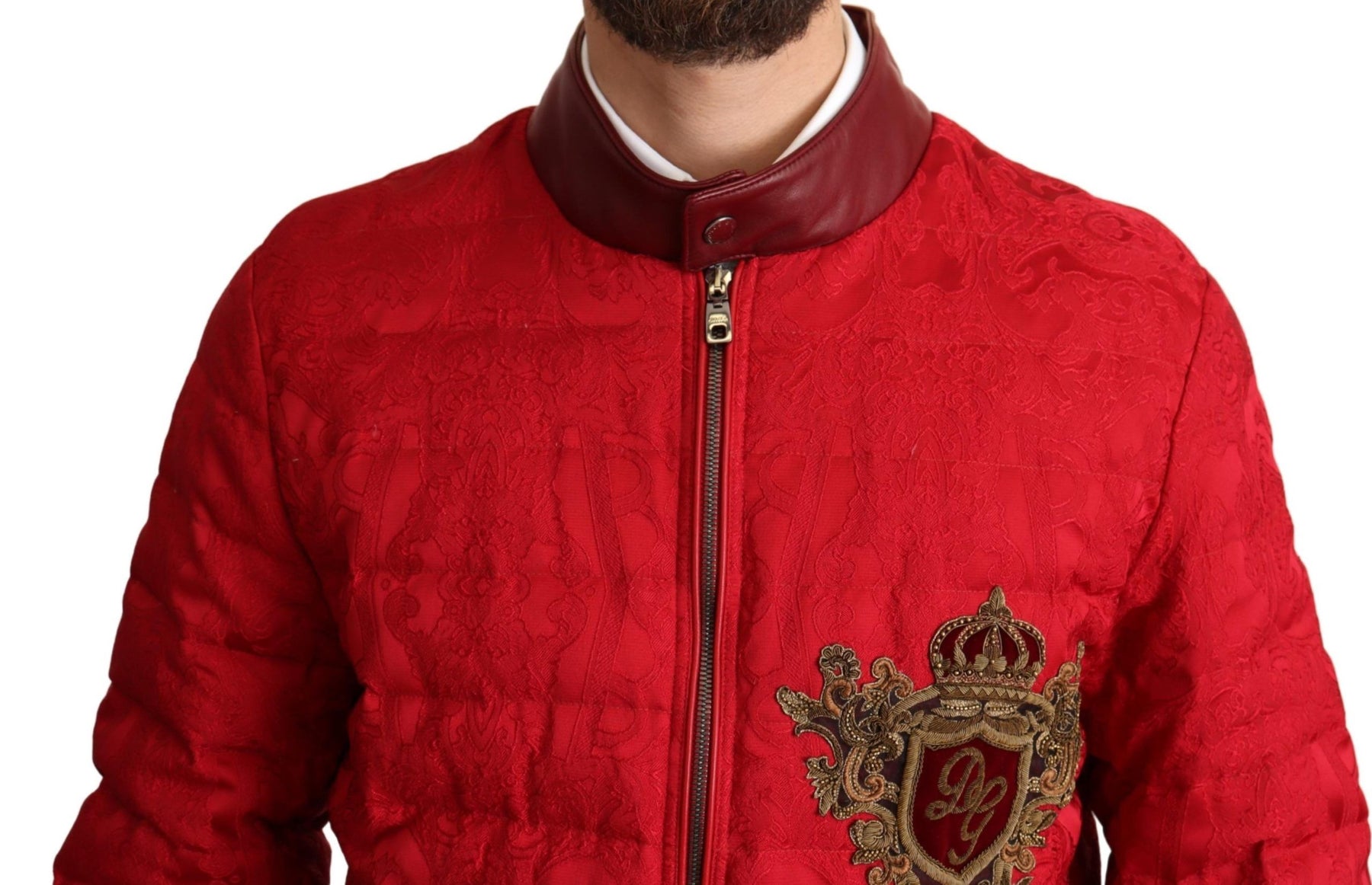 Dolce & Gabbana Red Brocade Bomber Gold Crown Logo Coat Jacket | Regal Royce