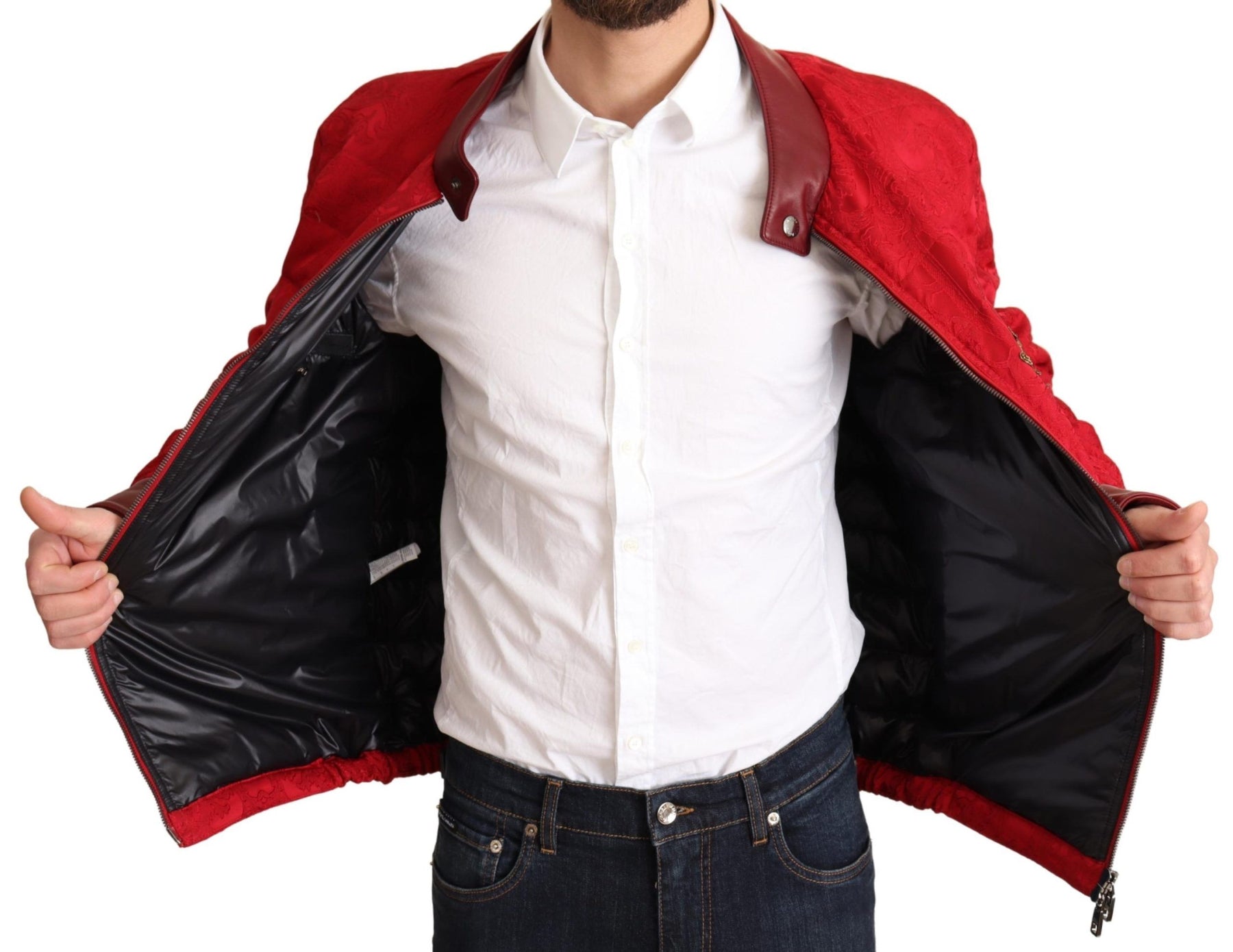 Dolce & Gabbana Red Brocade Bomber Gold Crown Logo Coat Jacket | Regal Royce