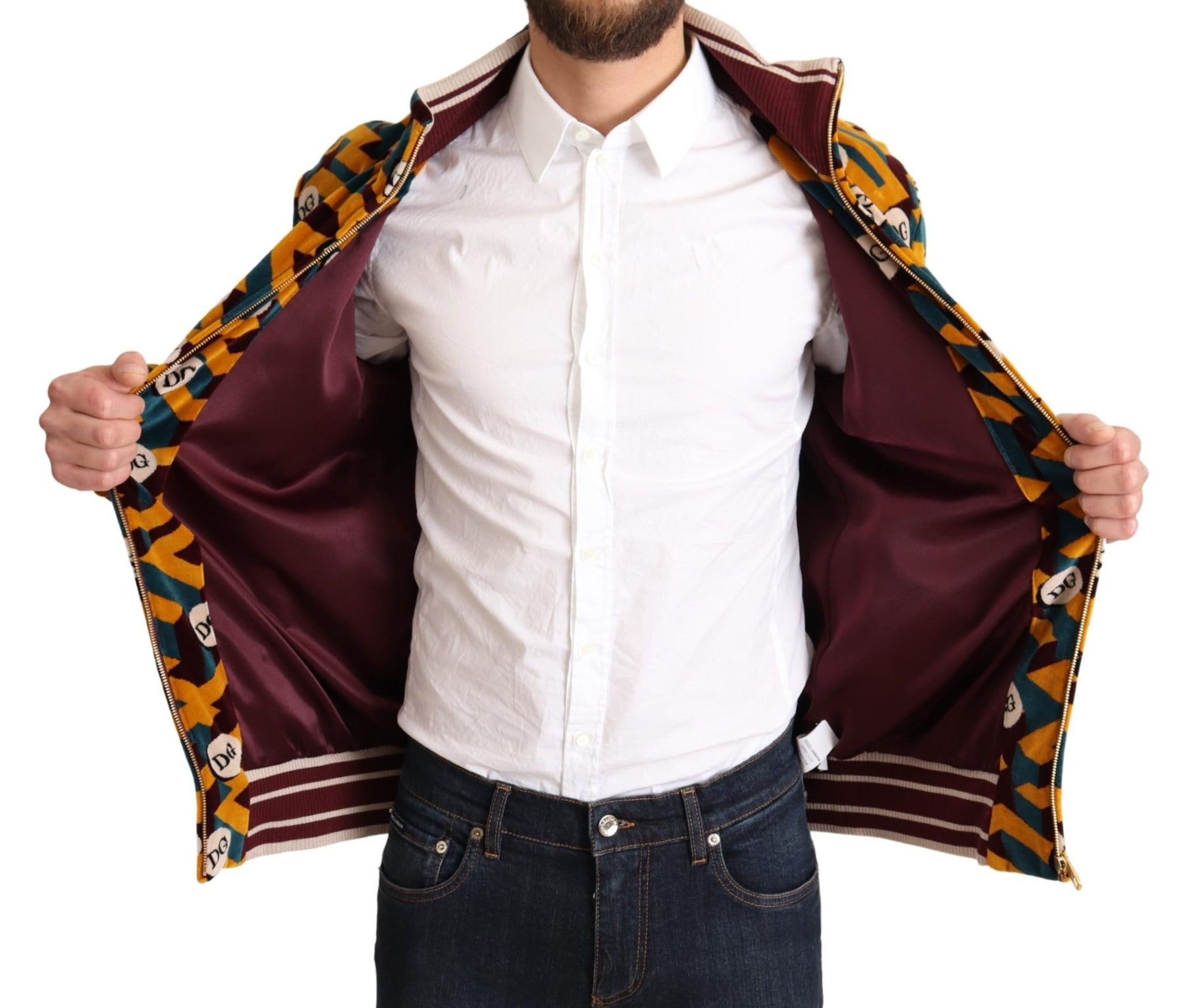 Dolce & Gabbana Multicolor Velvet DG Logo Mens Sweater Jacket | Regal Royce