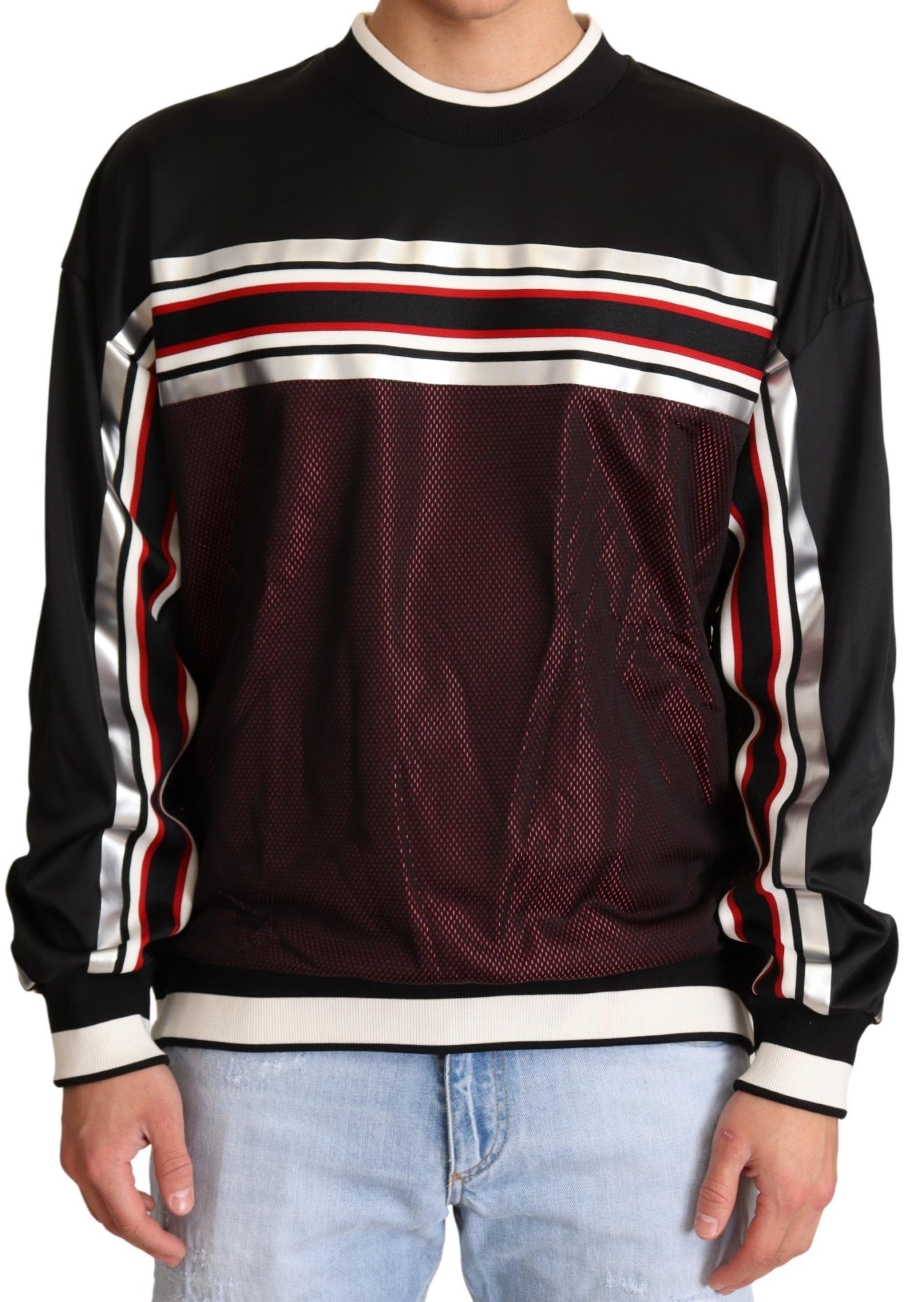 Dolce & Gabbana Black Red Mesh Sport Pullover Crewneck Sweater | Regal Royce
