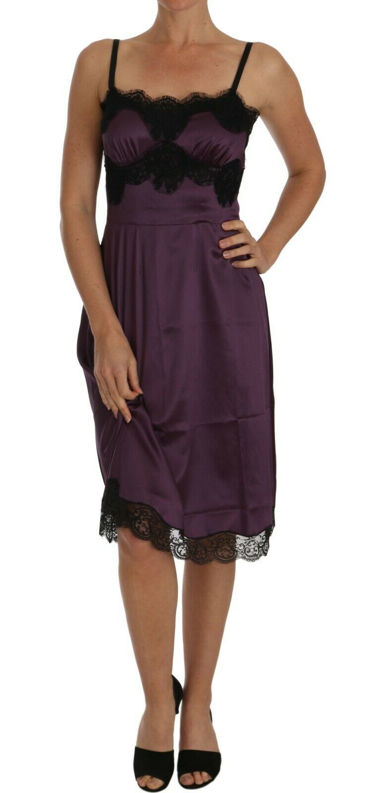 Dolce & Gabbana Purple Silk Stretch Black Lace A-Line Dress | Regal Royce