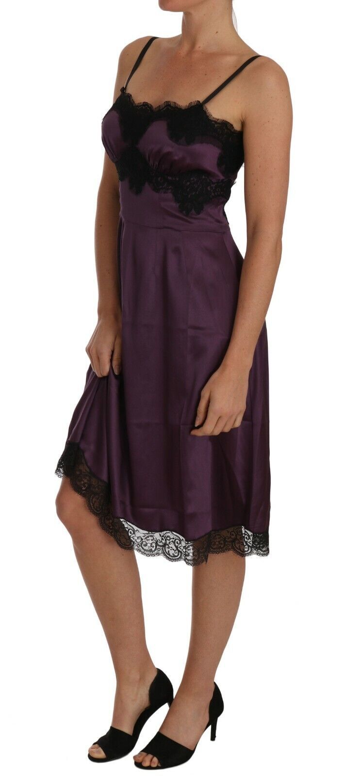 Dolce & Gabbana Purple Silk Stretch Black Lace A-Line Dress | Regal Royce