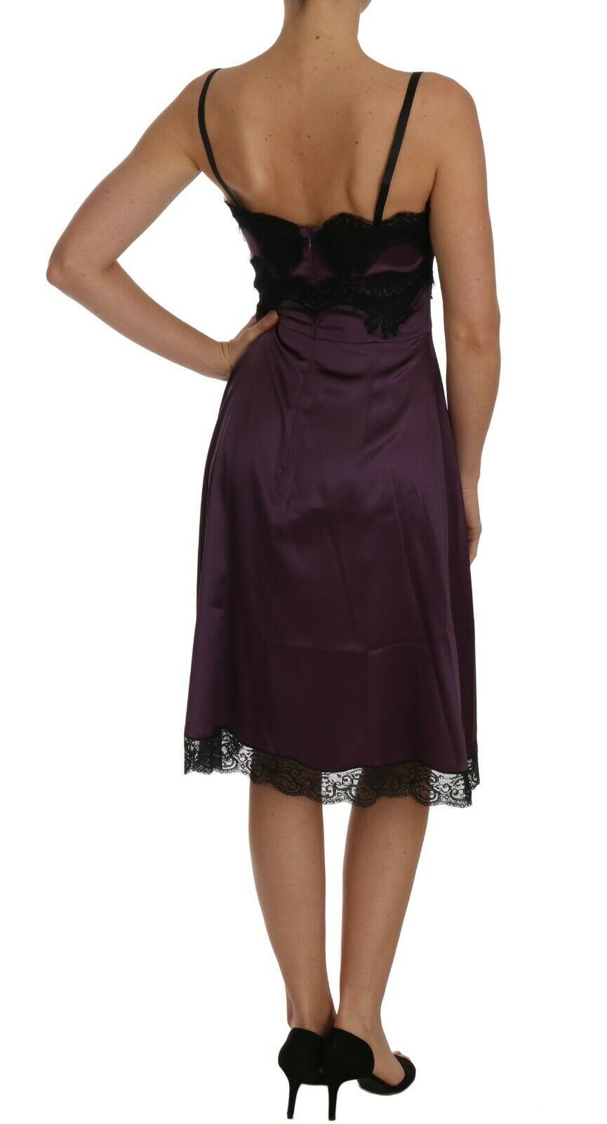 Dolce & Gabbana Purple Silk Stretch Black Lace A-Line Dress | Regal Royce