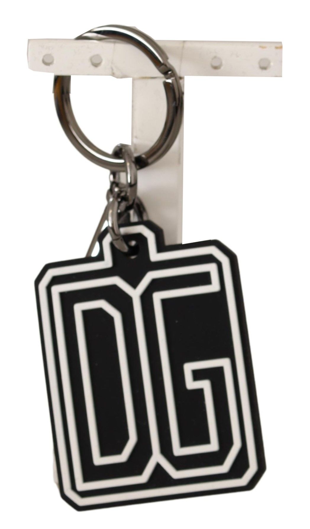 Dolce & Gabbana Black White DG Rubber Logo Silver Ring Keychain | Regal Royce