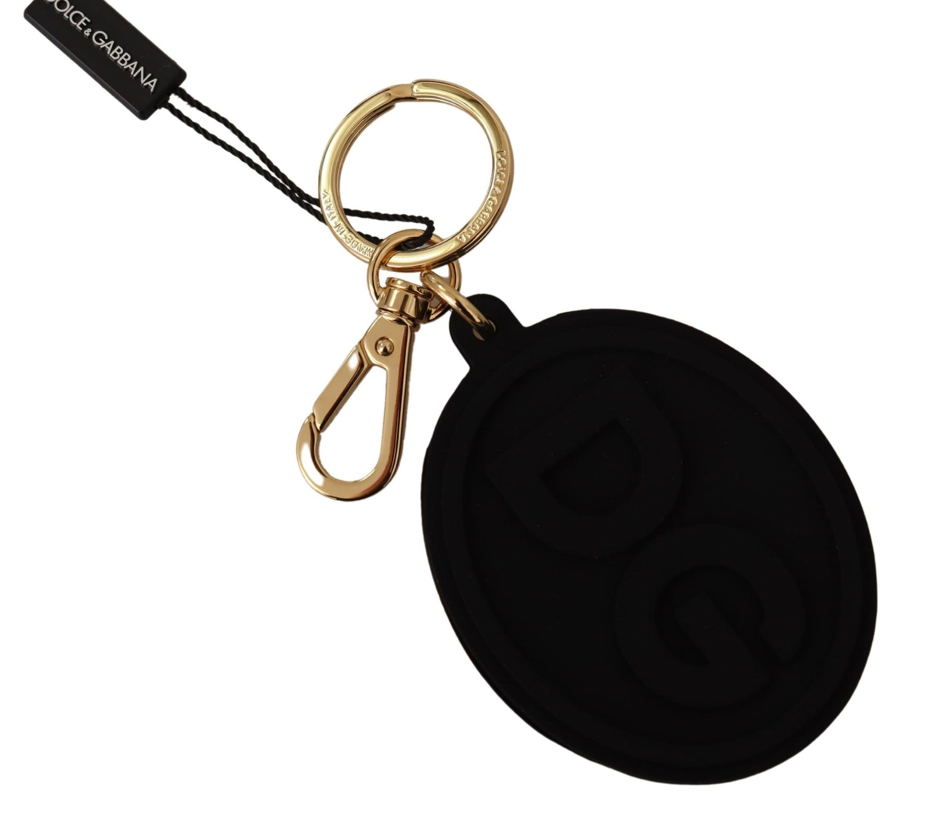 Dolce & Gabbana Black Rubber DG Logo Gold Brass Metal Keyring Keychain | Regal Royce
