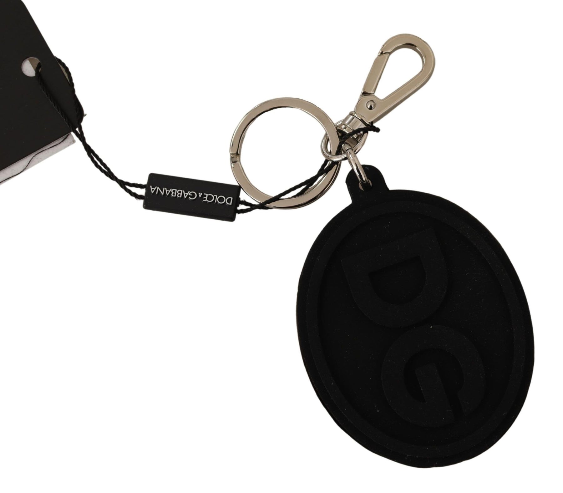 Dolce & Gabbana Black Rubber DG Logo Silver Brass Metal Keychain | Regal Royce