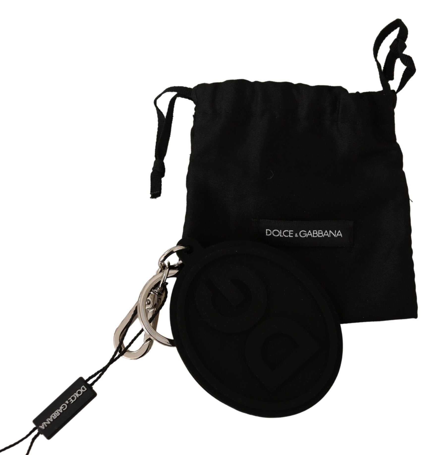 Dolce & Gabbana Black Rubber DG Logo Silver Brass Metal Keychain | Regal Royce