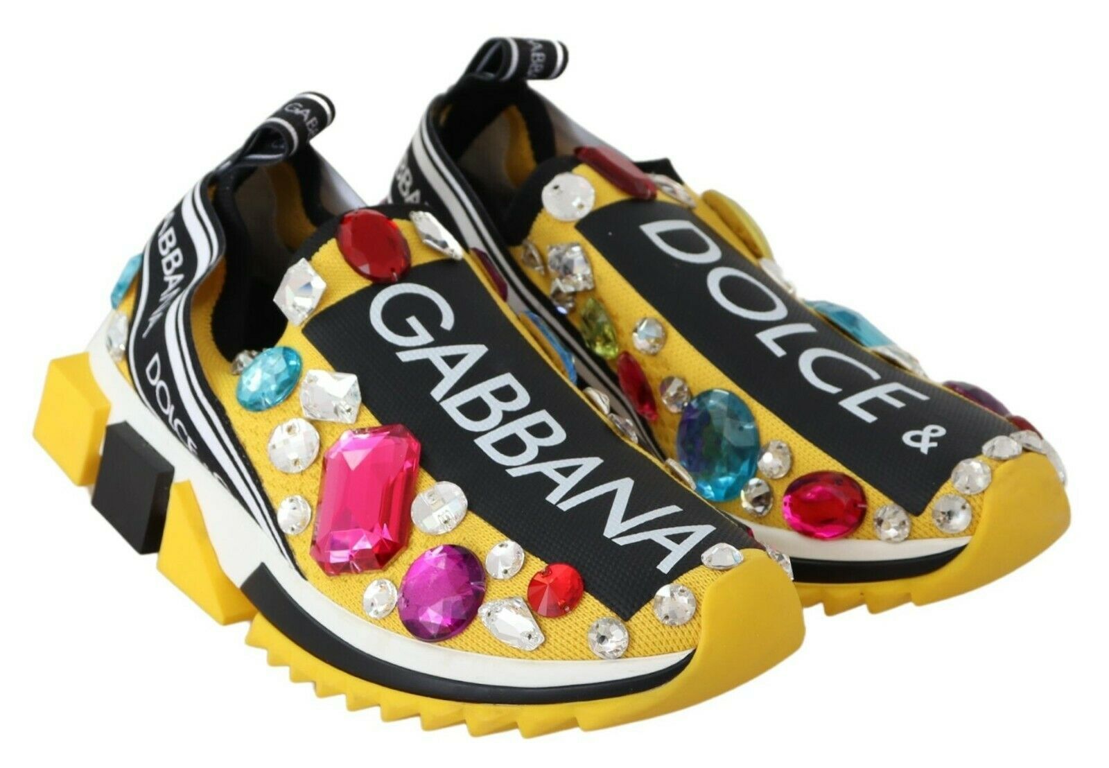 Dolce & Gabbana Yellow Multicolor Crystals Sneakers Shoes | Regal Royce