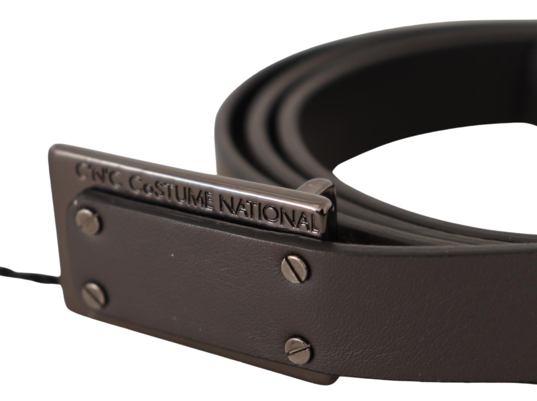 Costume National Dark Brown Leather Logo Buckle Belt | Regal Royce
