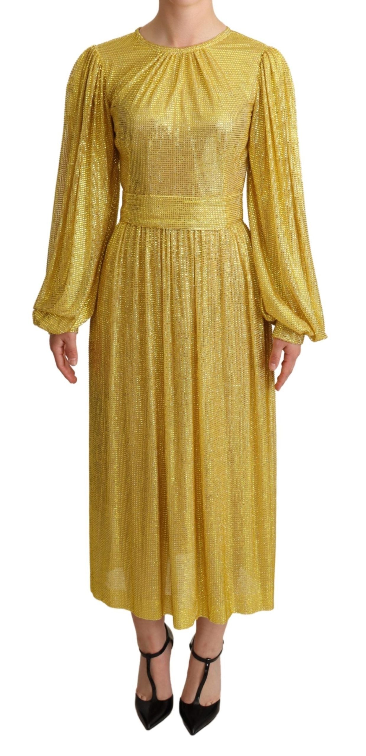 Dolce & Gabbana Yellow Crystal Mesh Pleated Maxi Dress | Regal Royce