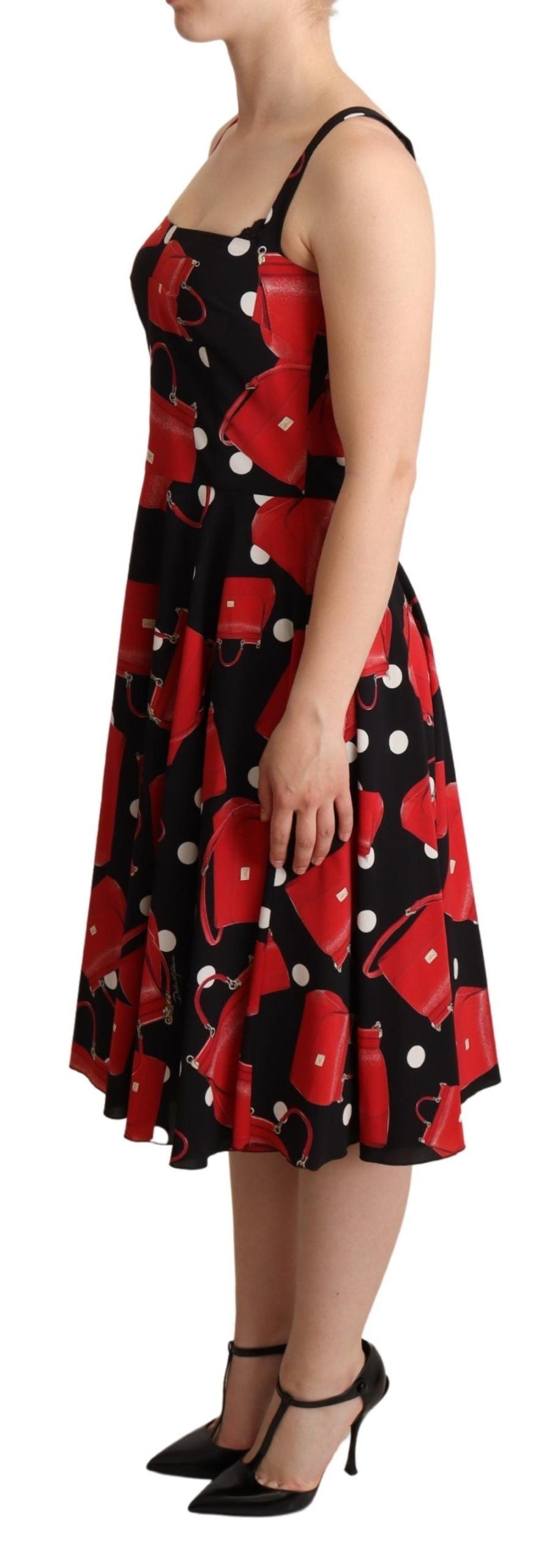 Dolce & Gabbana Black Red Bag Print A-line Mid Length Dress | Regal Royce
