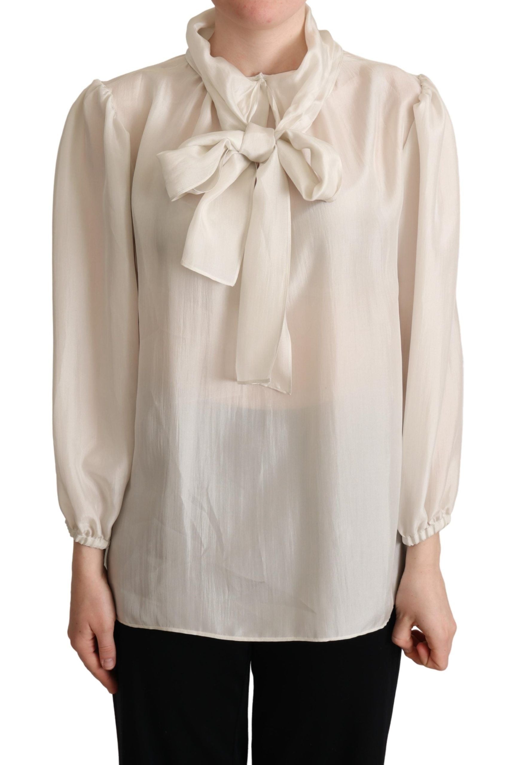 Dolce & Gabbana Light Gray Ascot Collar Shirt Silk Blouse Top | Regal Royce