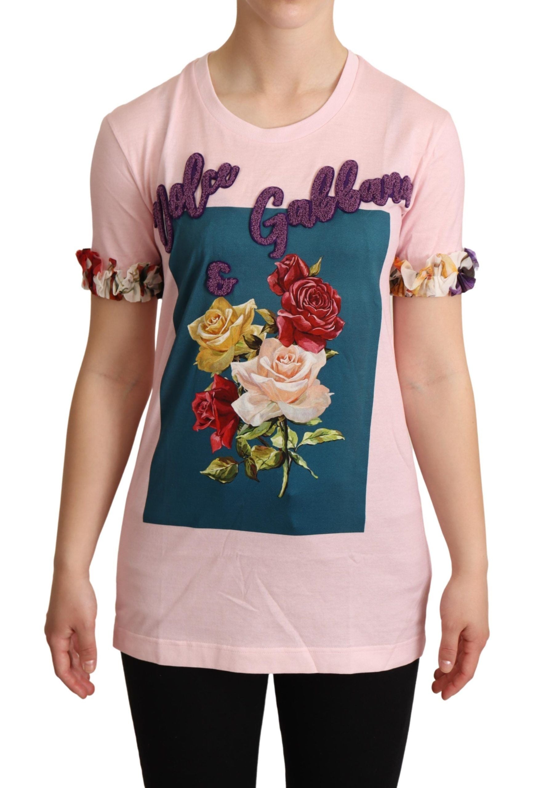 Dolce & Gabbana Pink Cotton Floral Roses Crewneck T-shirt | Regal Royce