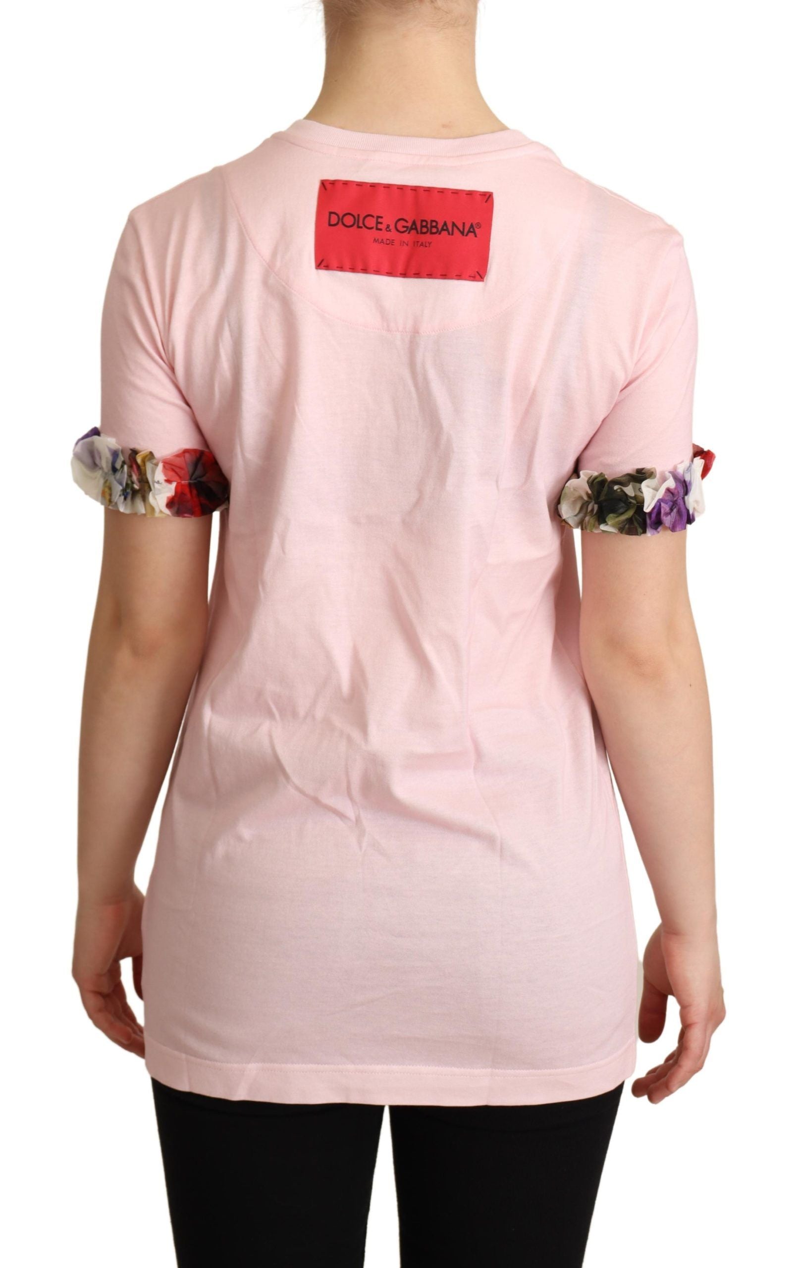 Dolce & Gabbana Pink Cotton Floral Roses Crewneck T-shirt | Regal Royce