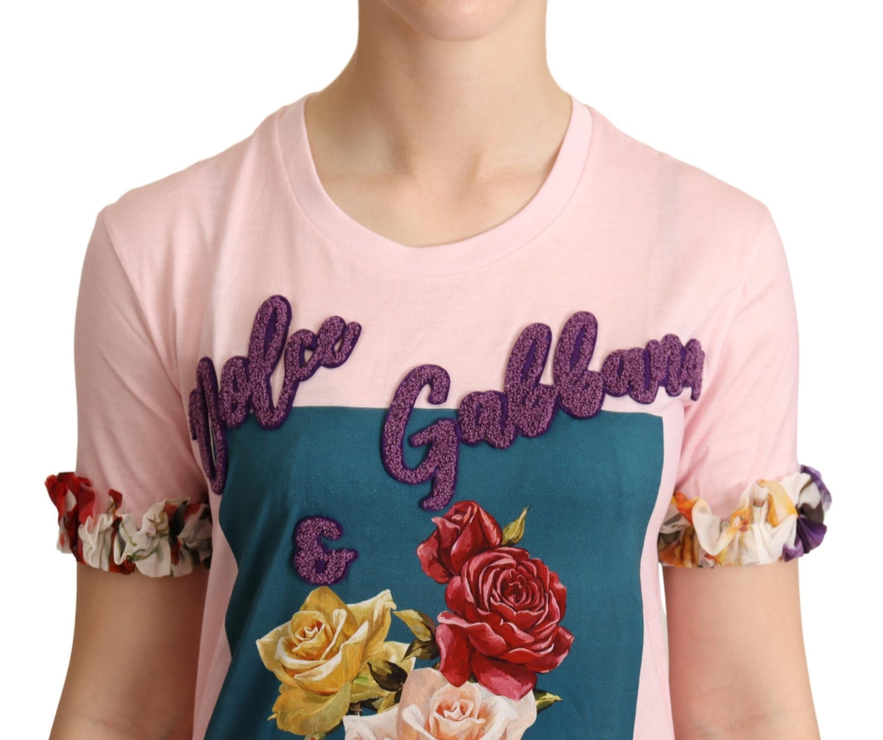 Dolce & Gabbana Pink Cotton Floral Roses Crewneck T-shirt | Regal Royce