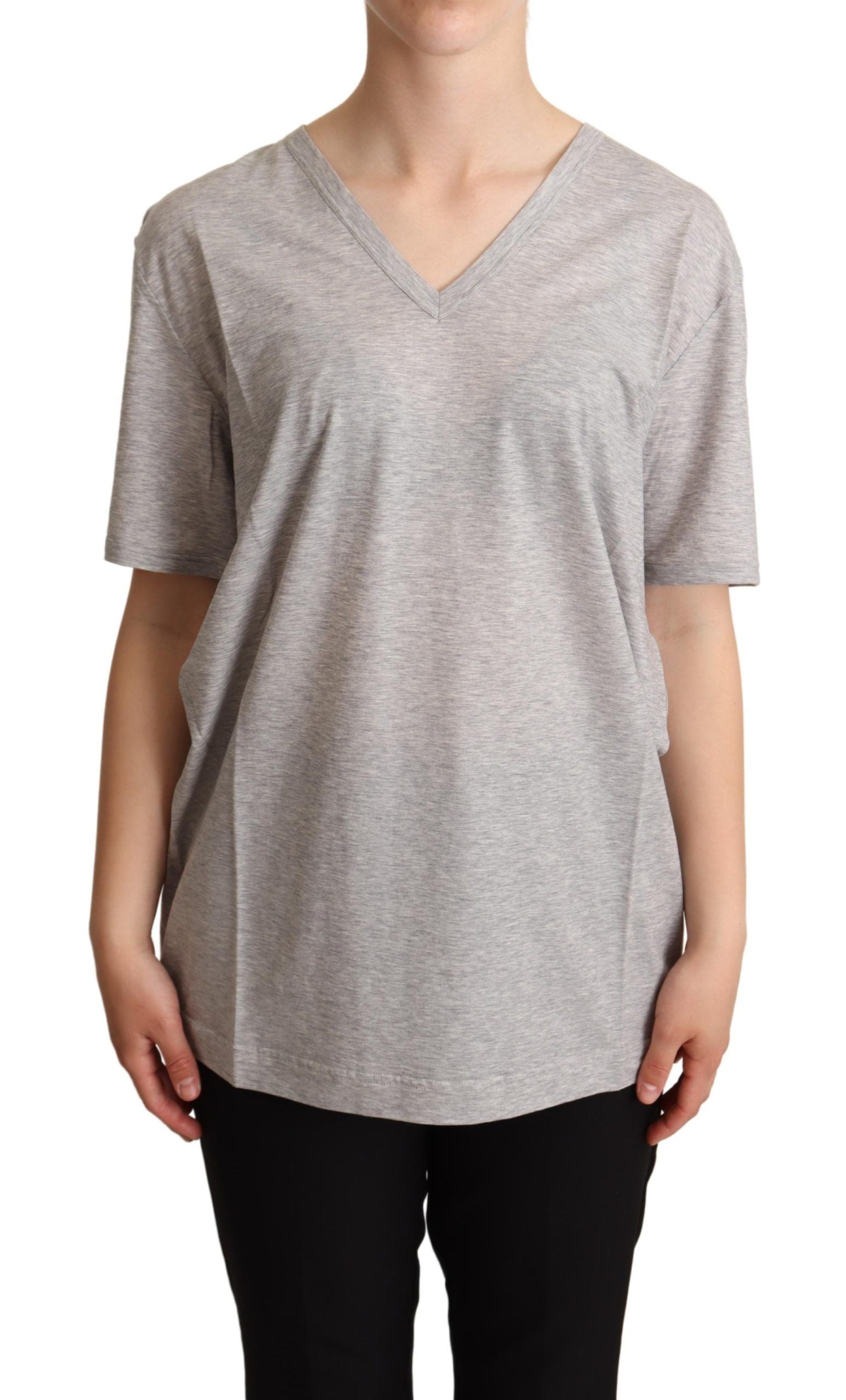 Dolce & Gabbana Gray Solid 100% Cotton V-neck Top T-shirt | Regal Royce