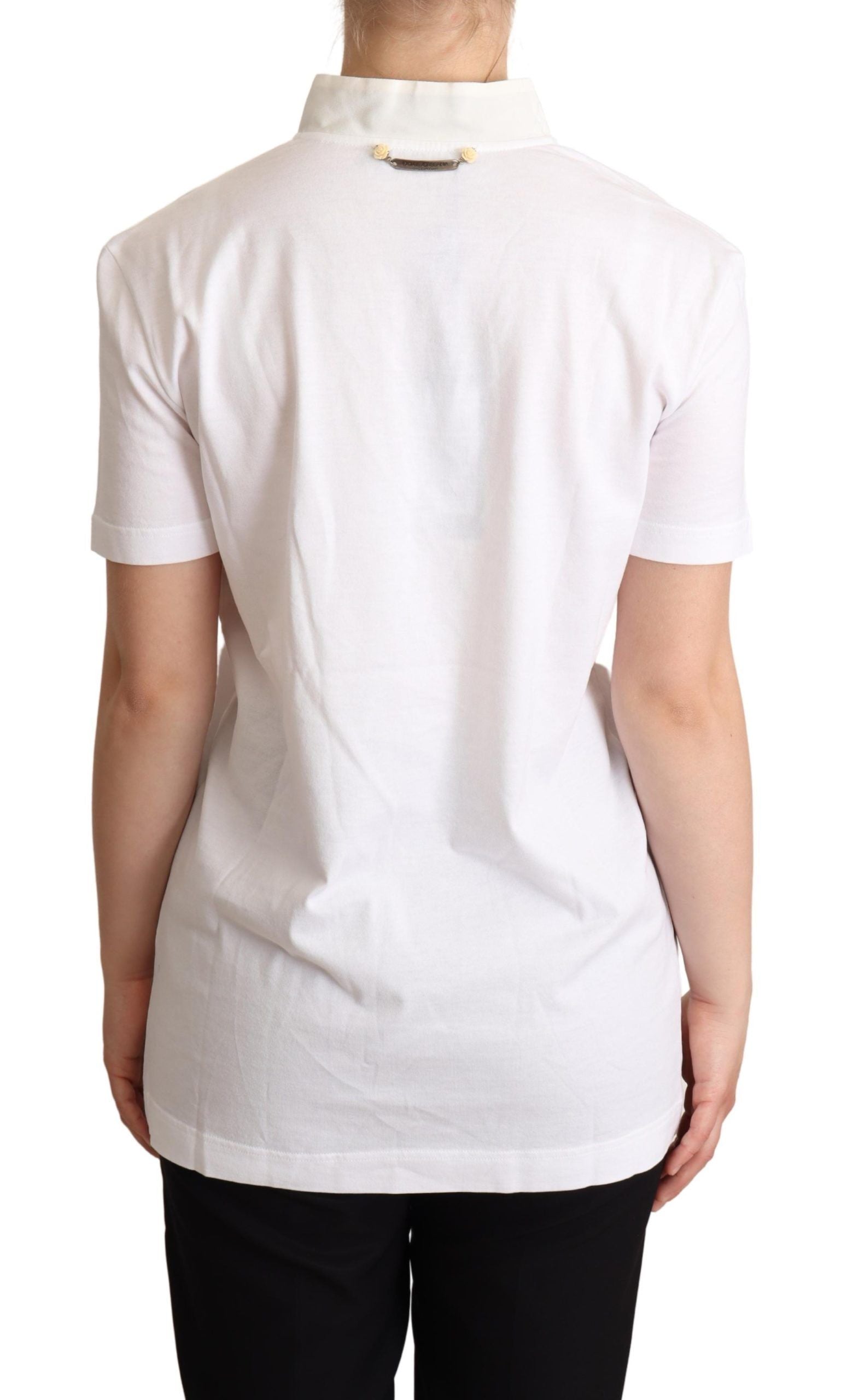 Dolce & Gabbana White Cotton Silk Blend Ascot Collar T-shirt | Regal Royce