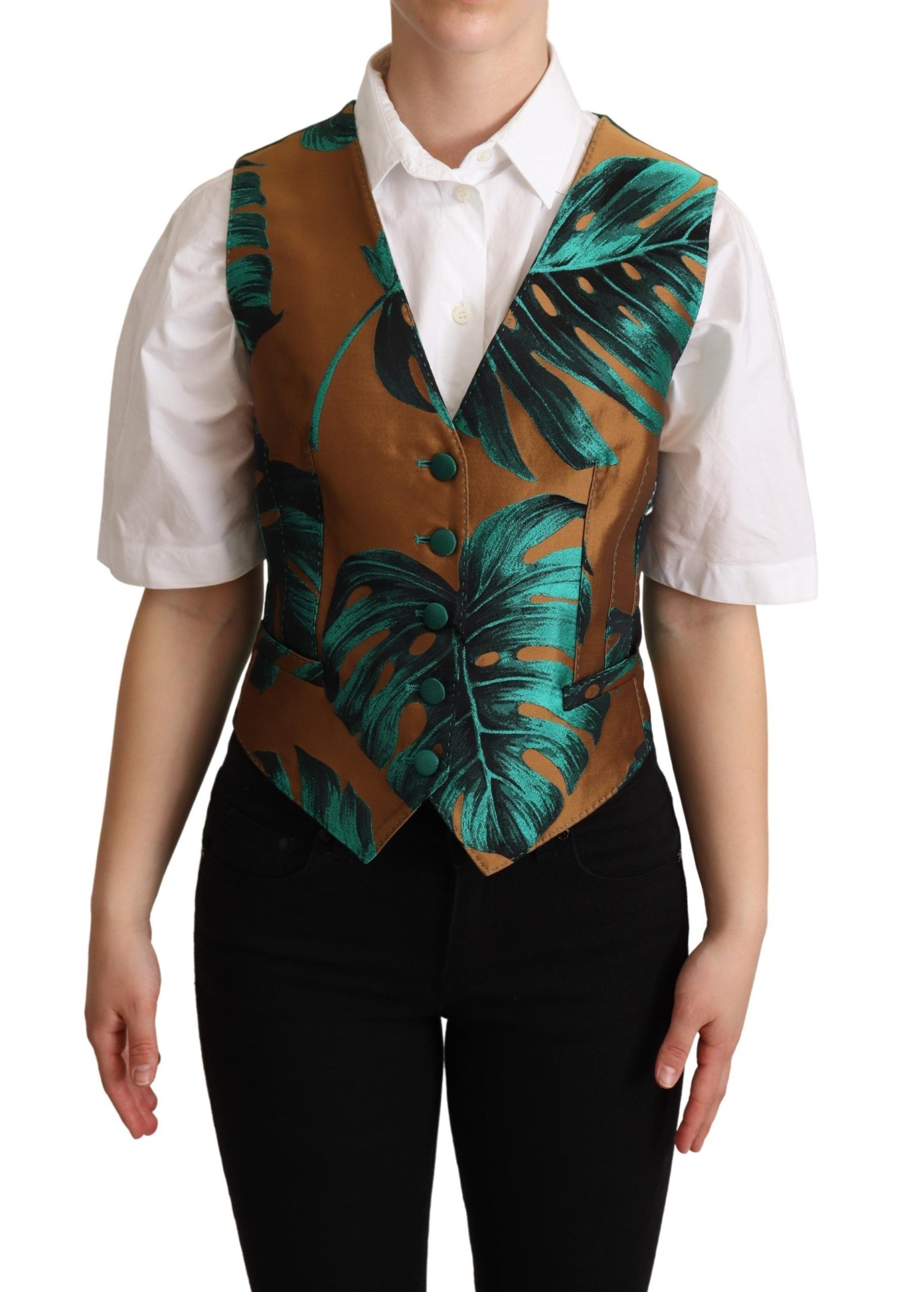 Dolce & Gabbana Green Jacquard Leaf Gold Waistcoat Vest | Regal Royce