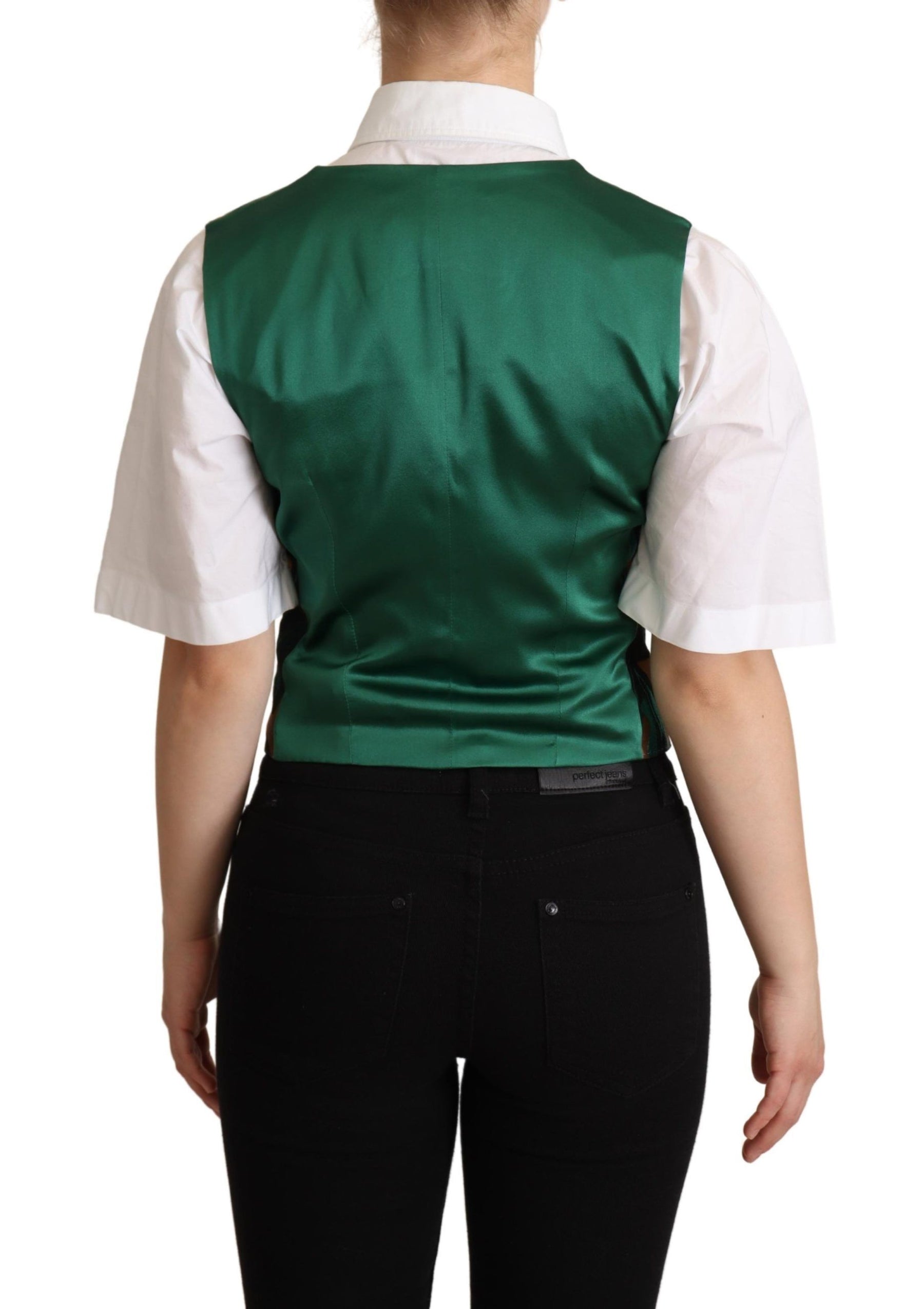 Dolce & Gabbana Green Jacquard Leaf Gold Waistcoat Vest | Regal Royce