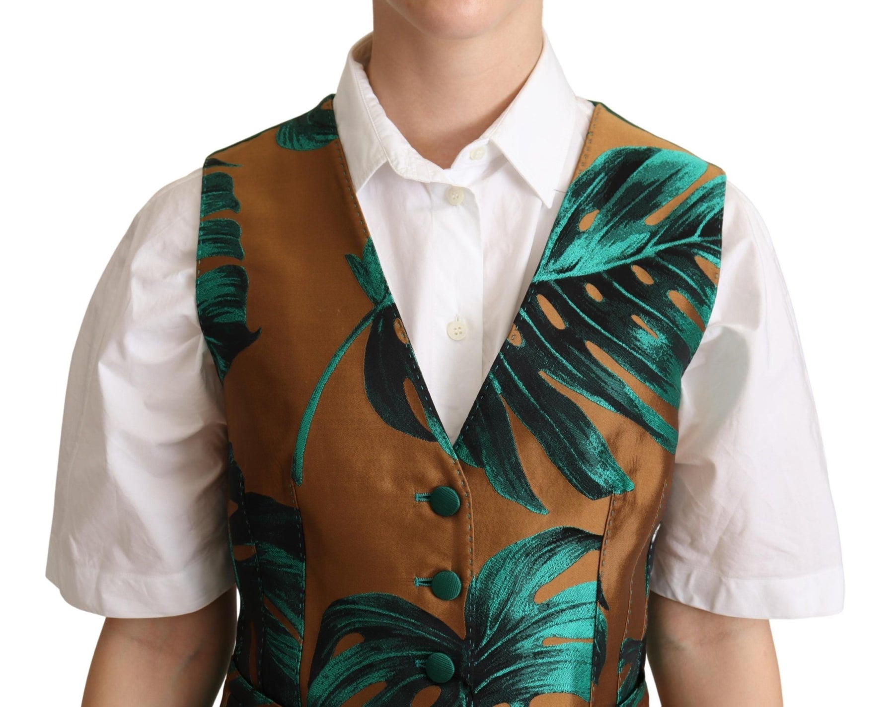 Dolce & Gabbana Green Jacquard Leaf Gold Waistcoat Vest | Regal Royce