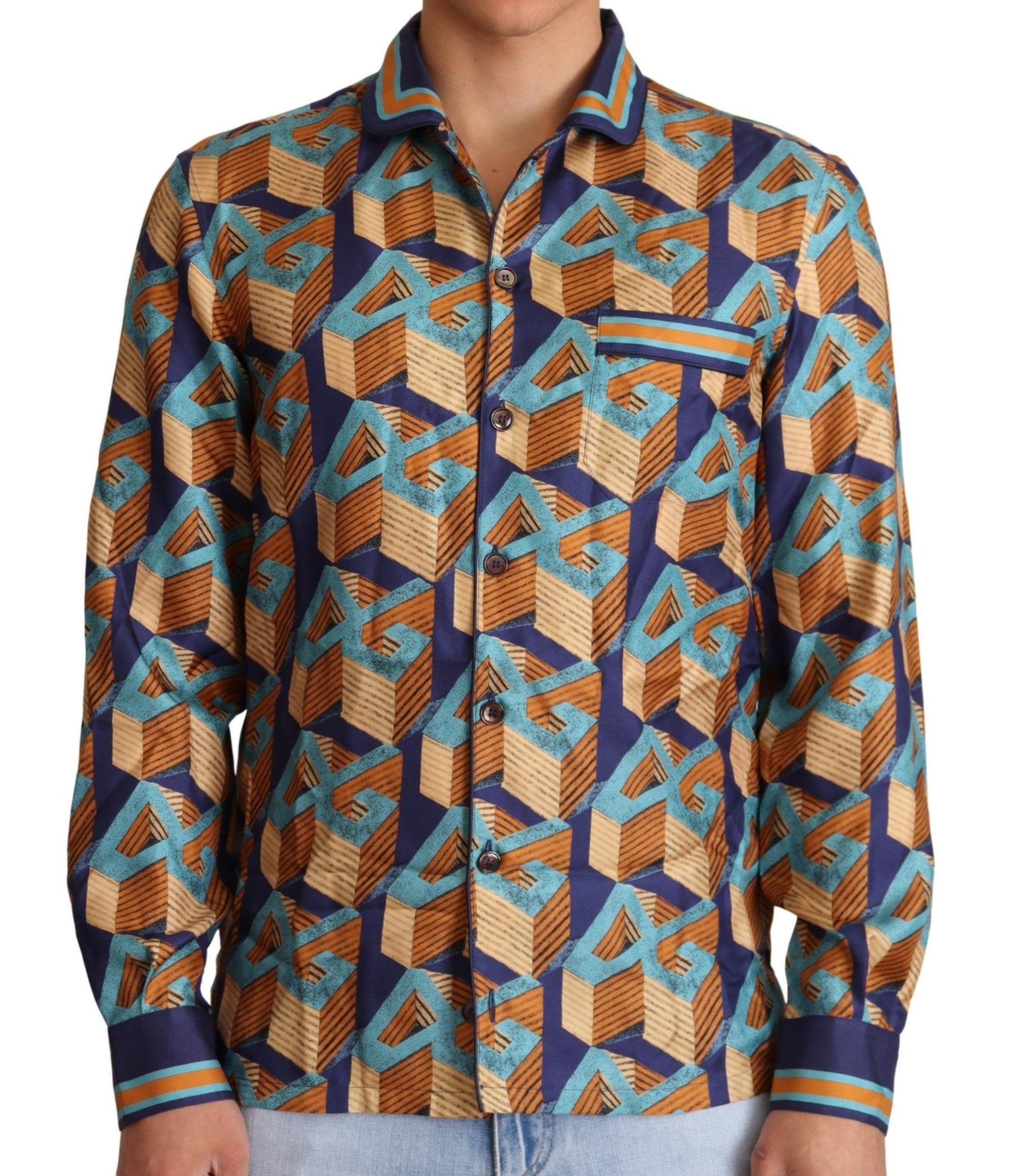 Dolce & Gabbana Multicolor DG Logo Silk Mens Top Shirt | Regal Royce