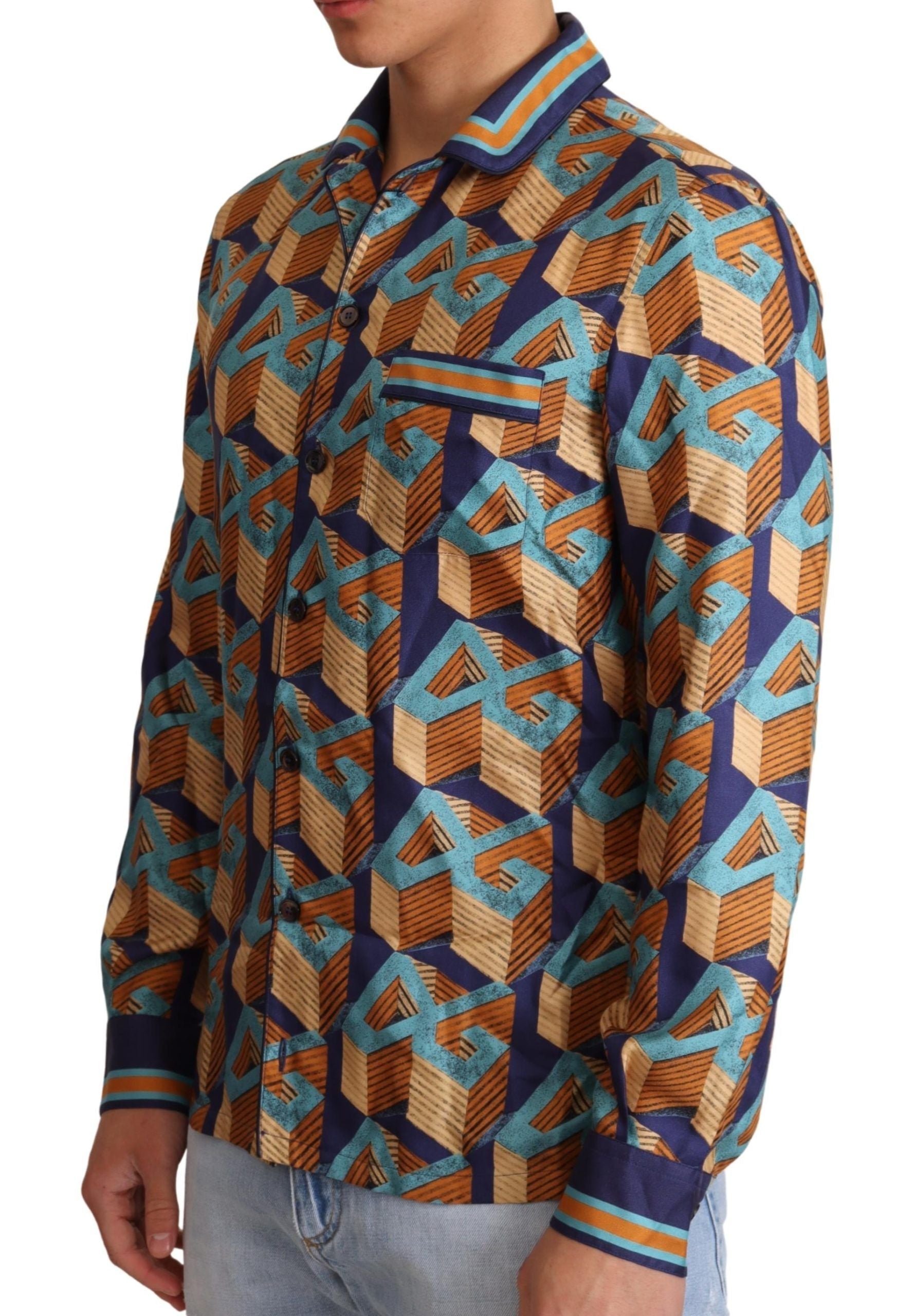 Dolce & Gabbana Multicolor DG Logo Silk Mens Top Shirt | Regal Royce