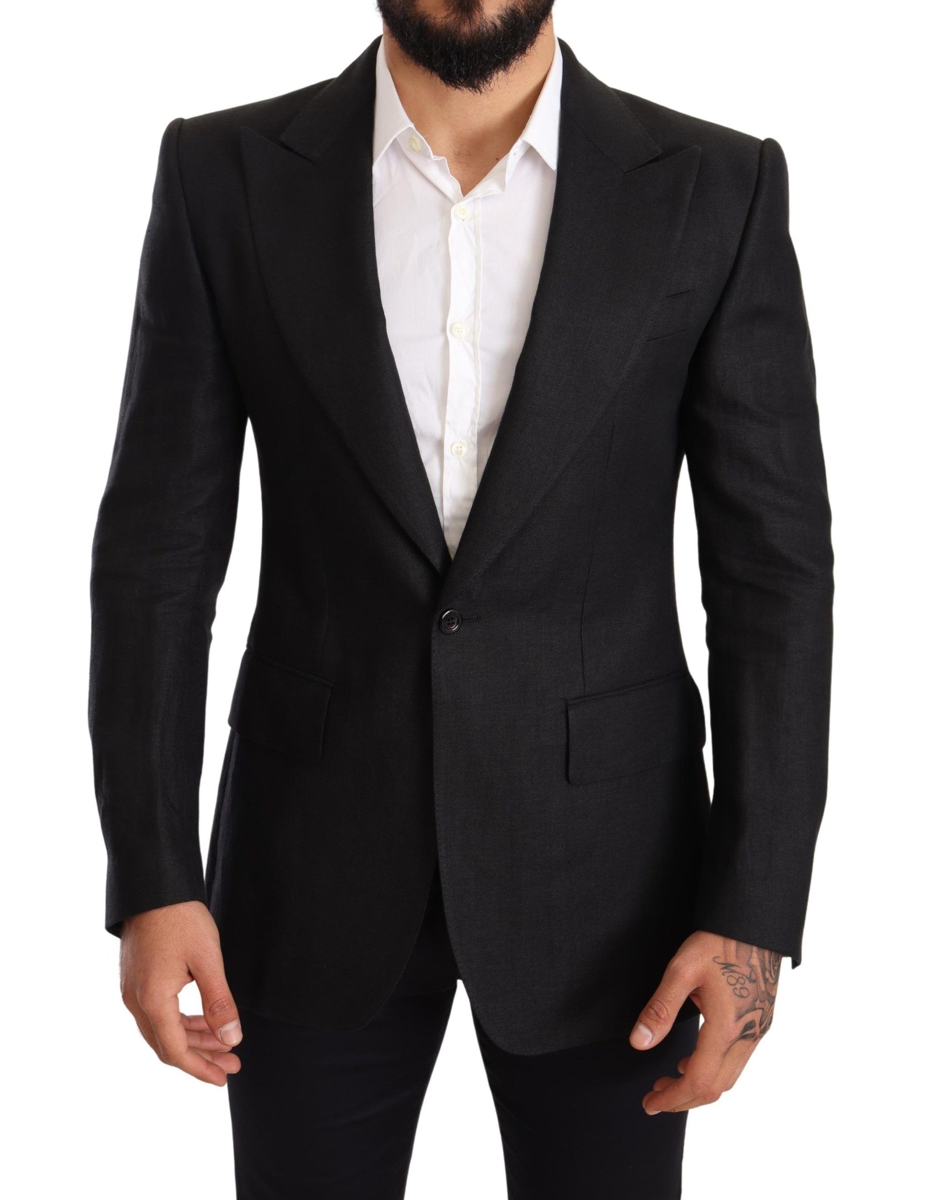 Dolce & Gabbana Black Linen Slim Fit Coat Jacket Blazer | Regal Royce