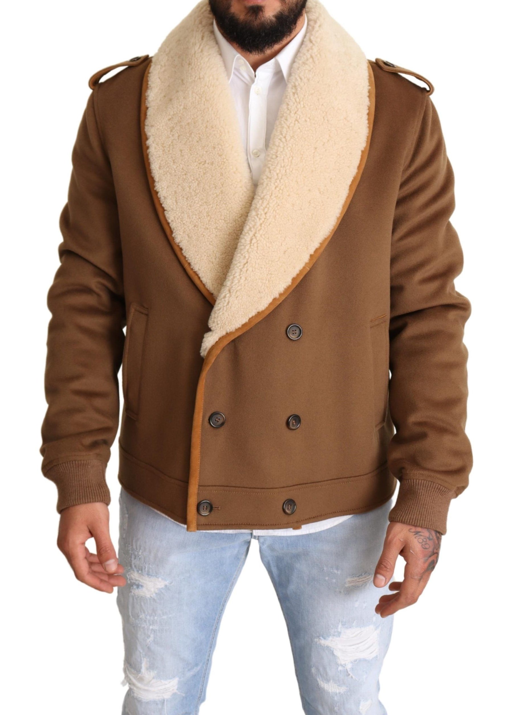 Dolce & Gabbana Brown Double Breasted Shearling Coat Jacket | Regal Royce
