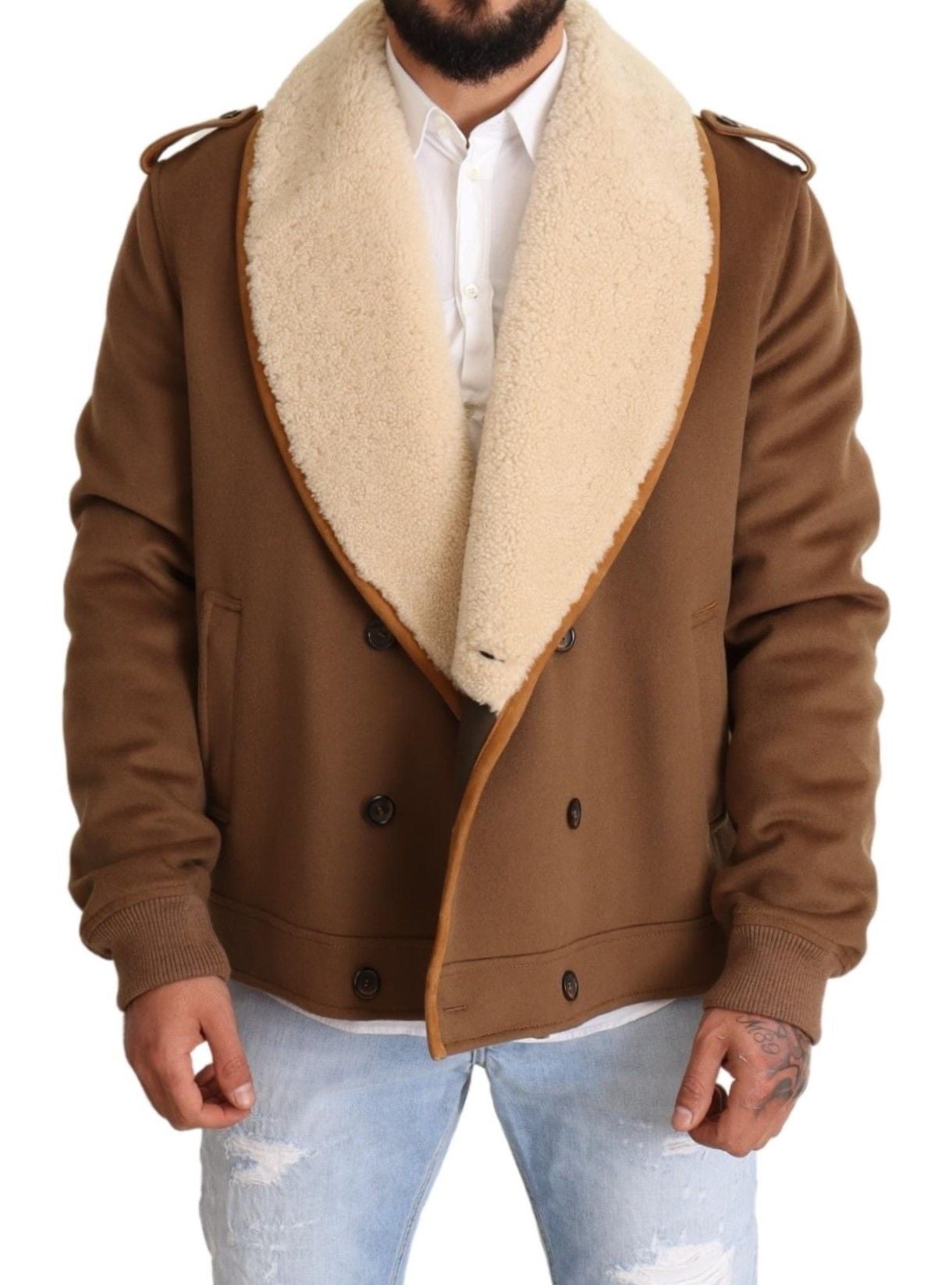 Dolce & Gabbana Brown Double Breasted Shearling Coat Jacket | Regal Royce