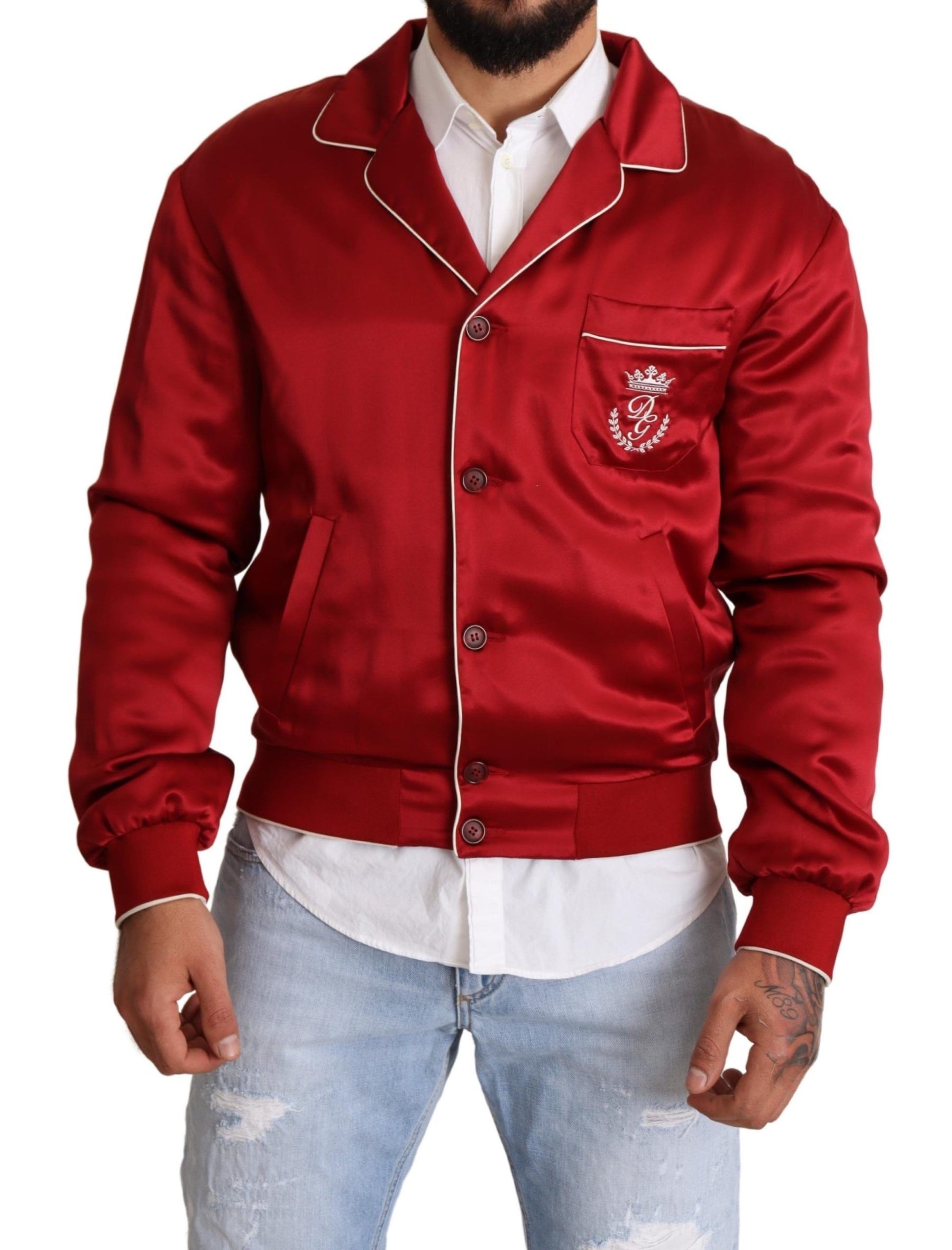 Dolce & Gabbana Red Silk Button DG Logo Bomber Jacket | Regal Royce