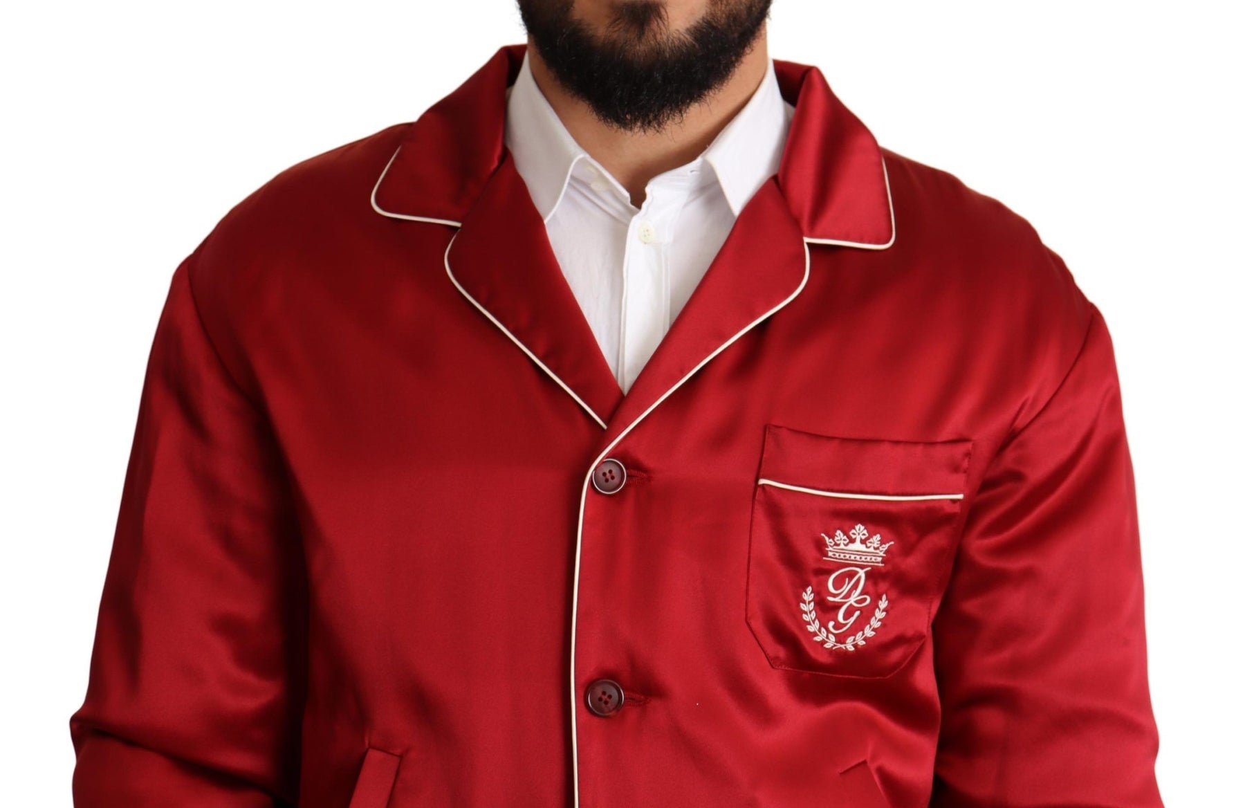 Dolce & Gabbana Red Silk Button DG Logo Bomber Jacket | Regal Royce