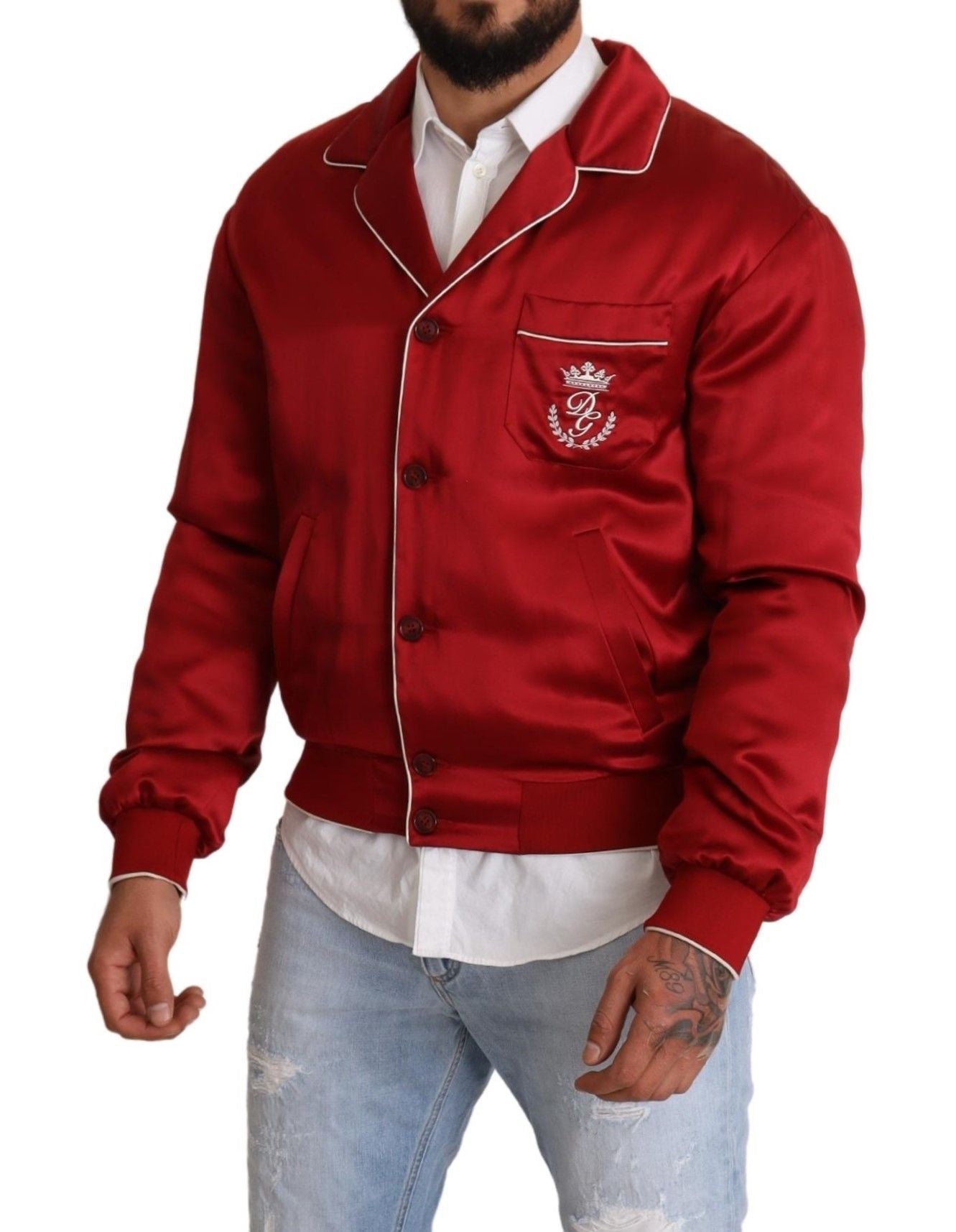 Dolce & Gabbana Red Silk Button DG Logo Bomber Jacket | Regal Royce